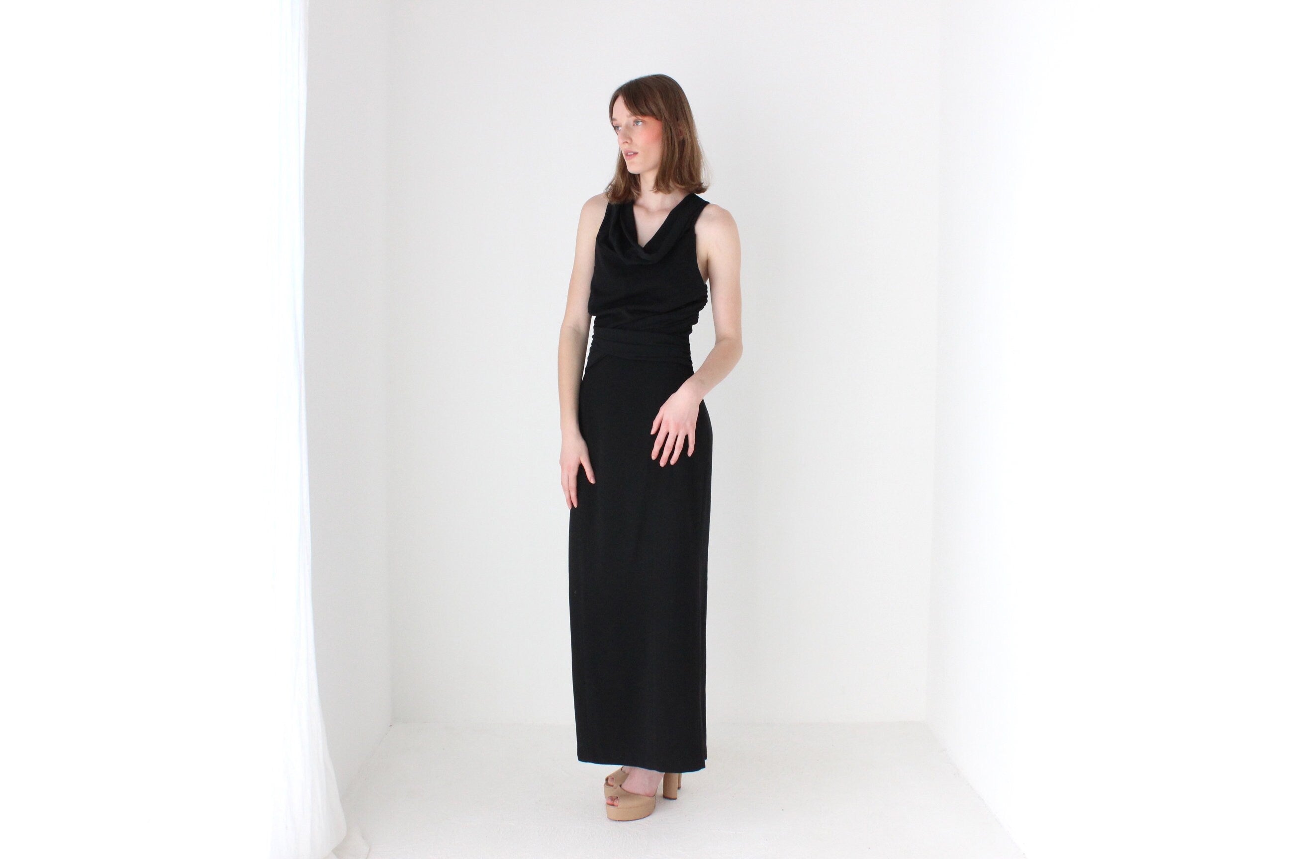 80s Cowl Neck & Criss Cross Back Crepe Hourglass Gown