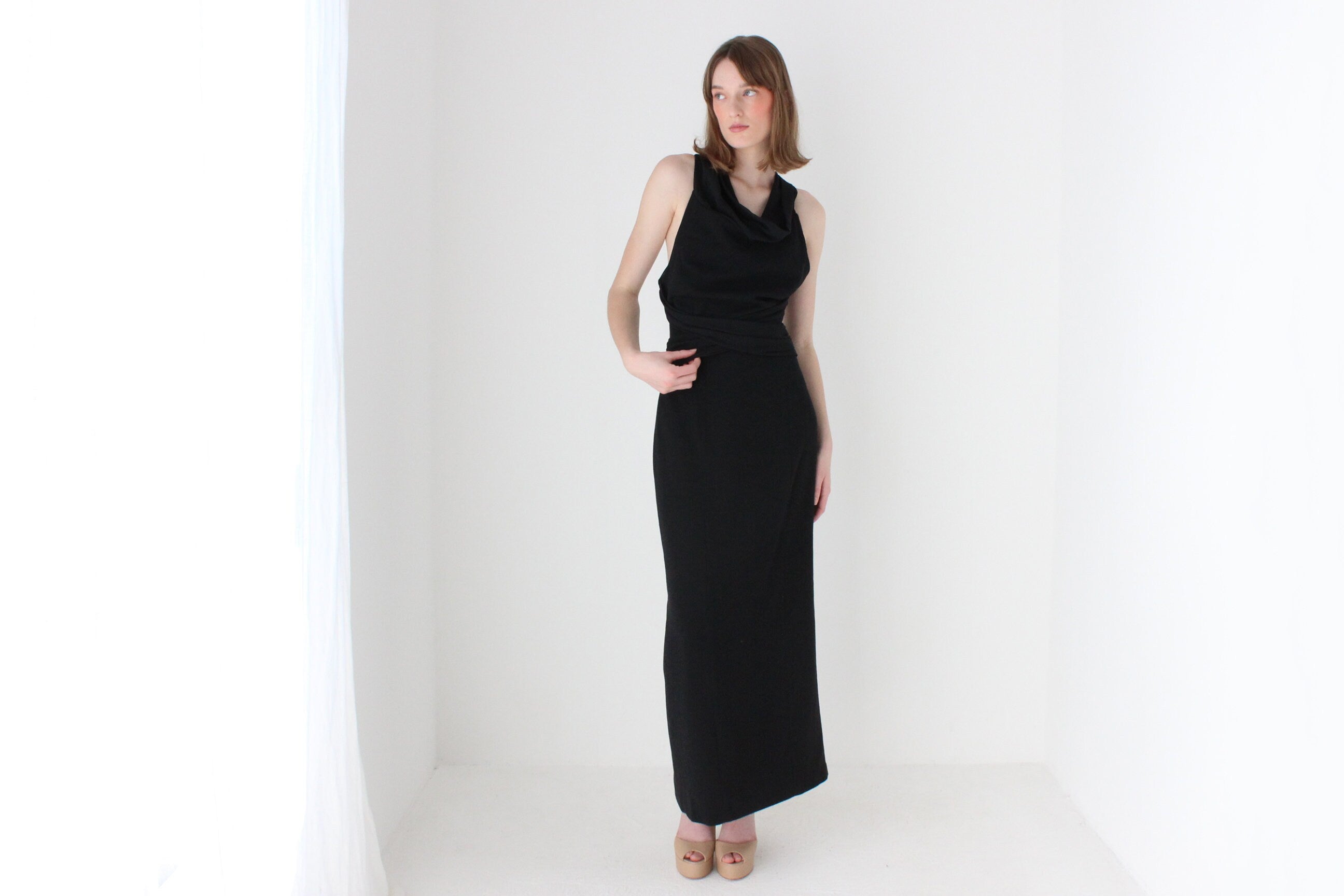 80s Cowl Neck & Criss Cross Back Crepe Hourglass Gown