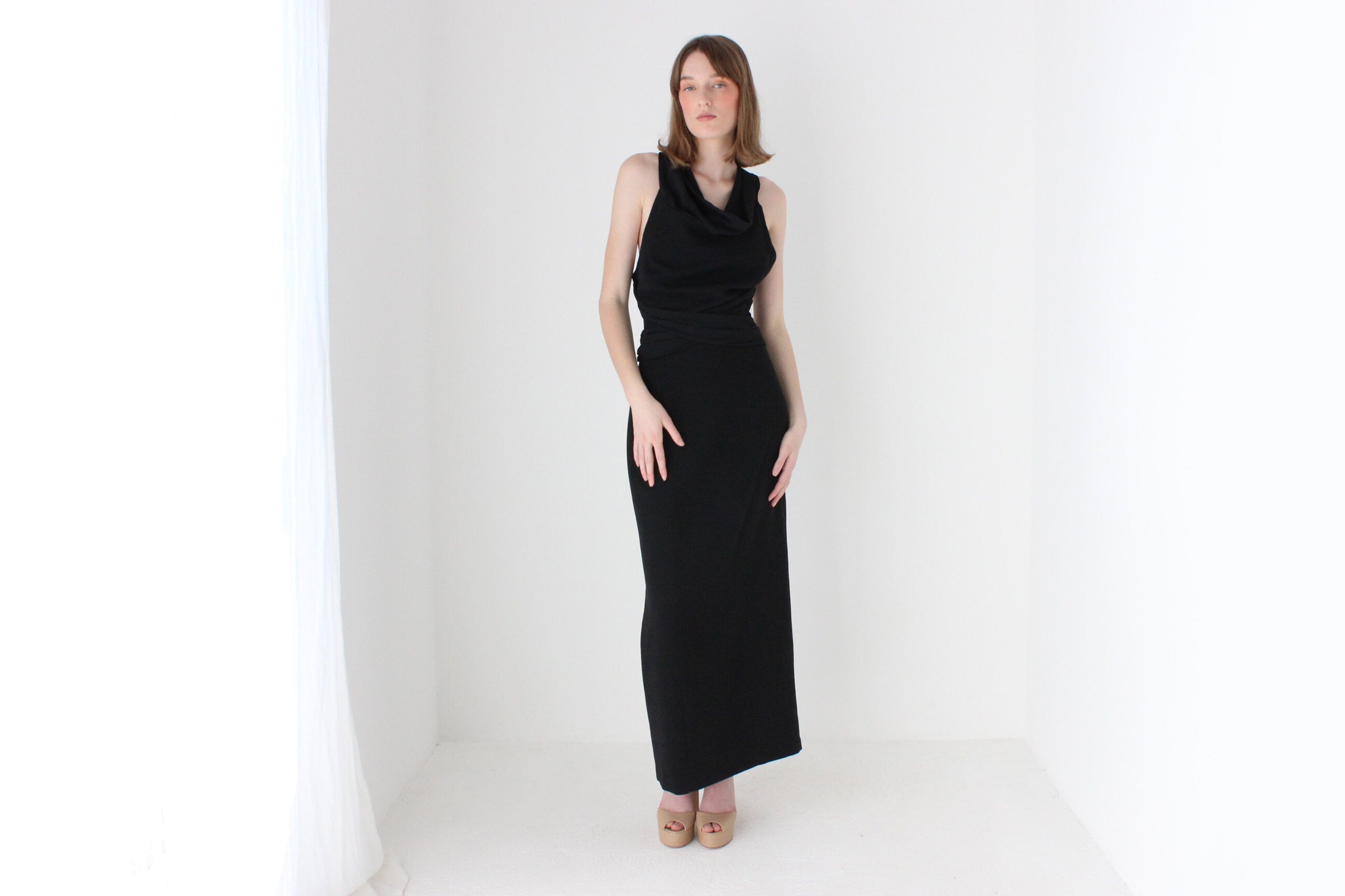 80s Cowl Neck & Criss Cross Back Crepe Hourglass Gown