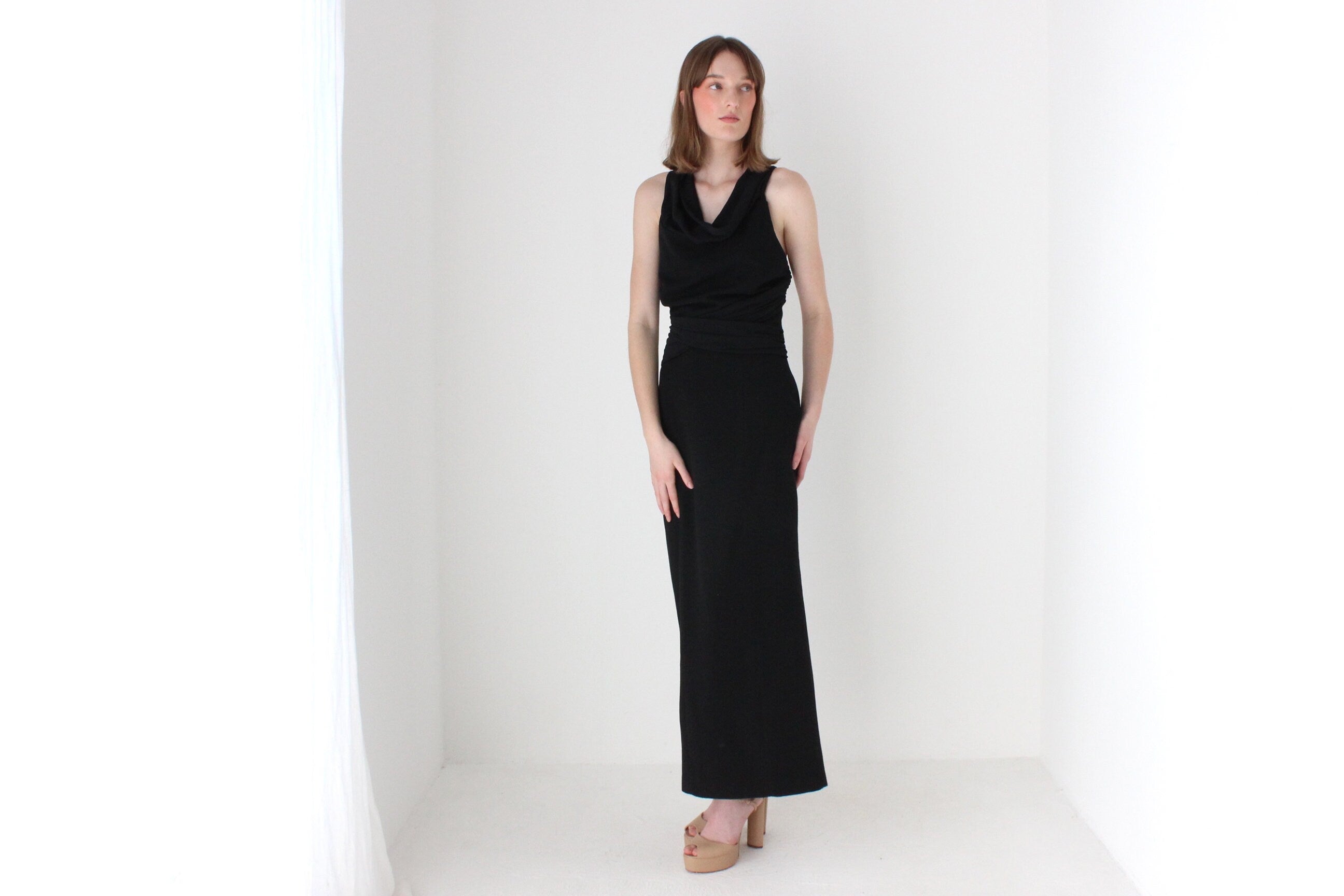 80s Cowl Neck & Criss Cross Back Crepe Hourglass Gown