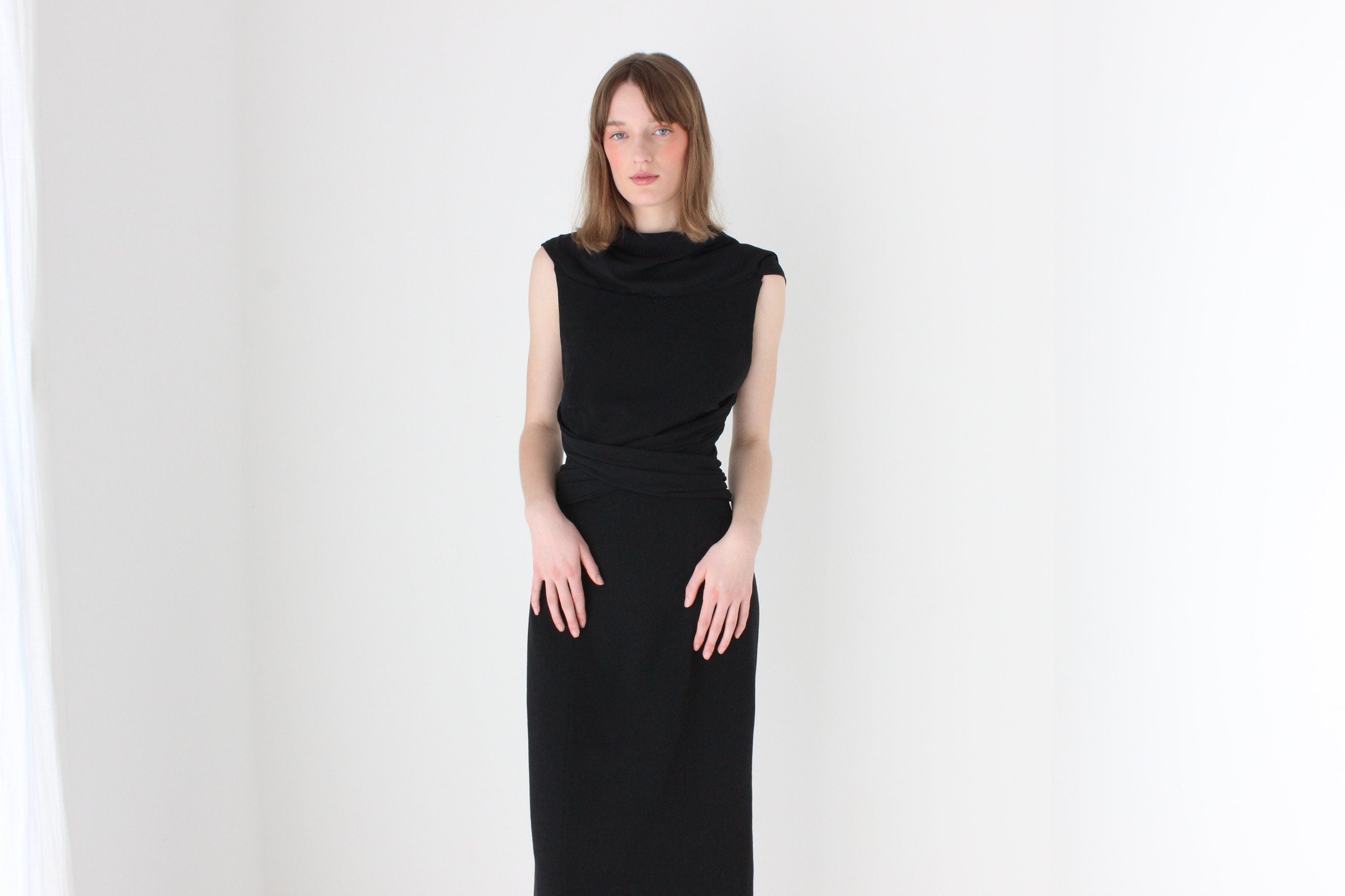 80s Cowl Neck & Criss Cross Back Crepe Hourglass Gown
