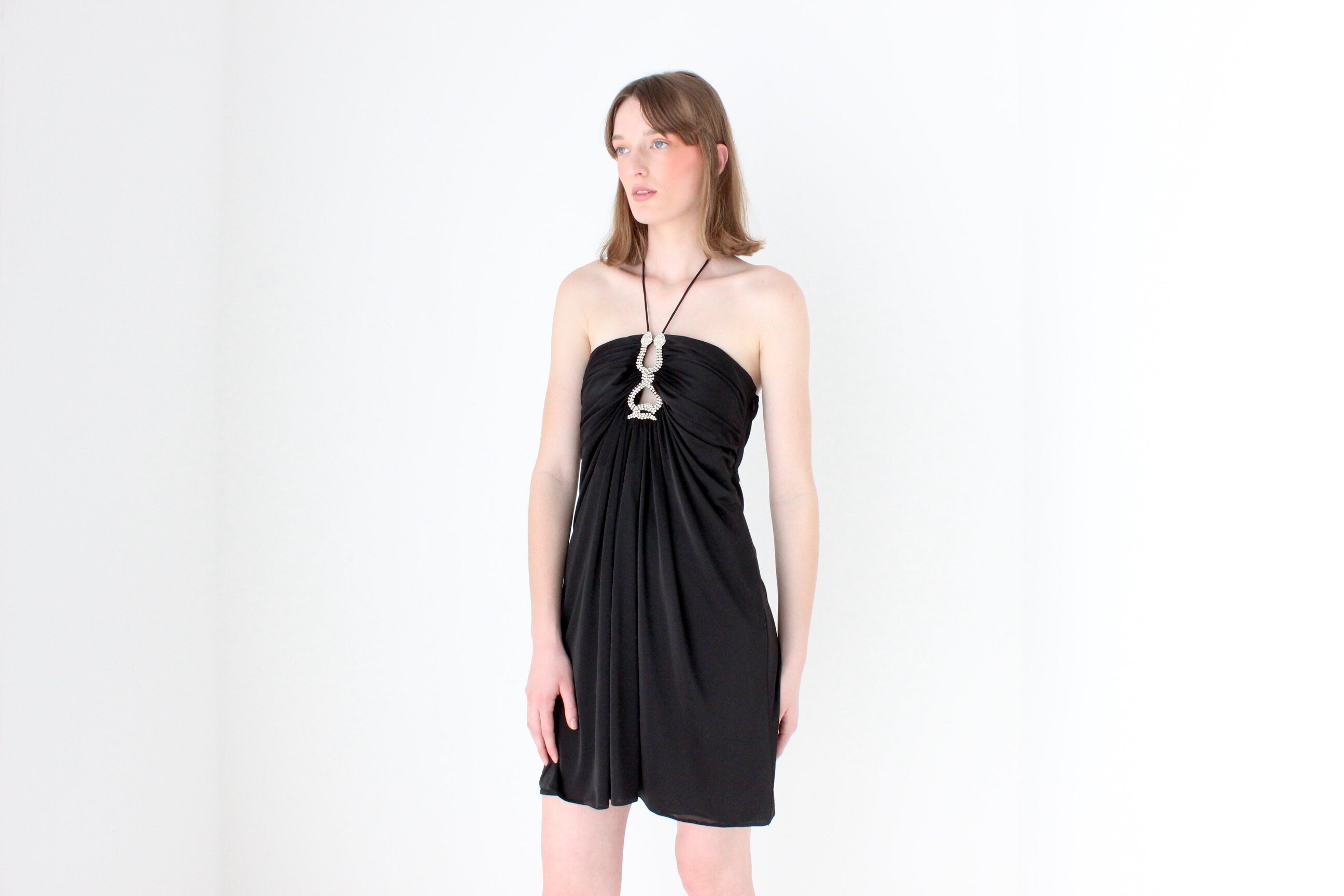 Y2K Slinky Ruched Halter Mini w/ Cavalli Vibe Gold & Crystal Snakes