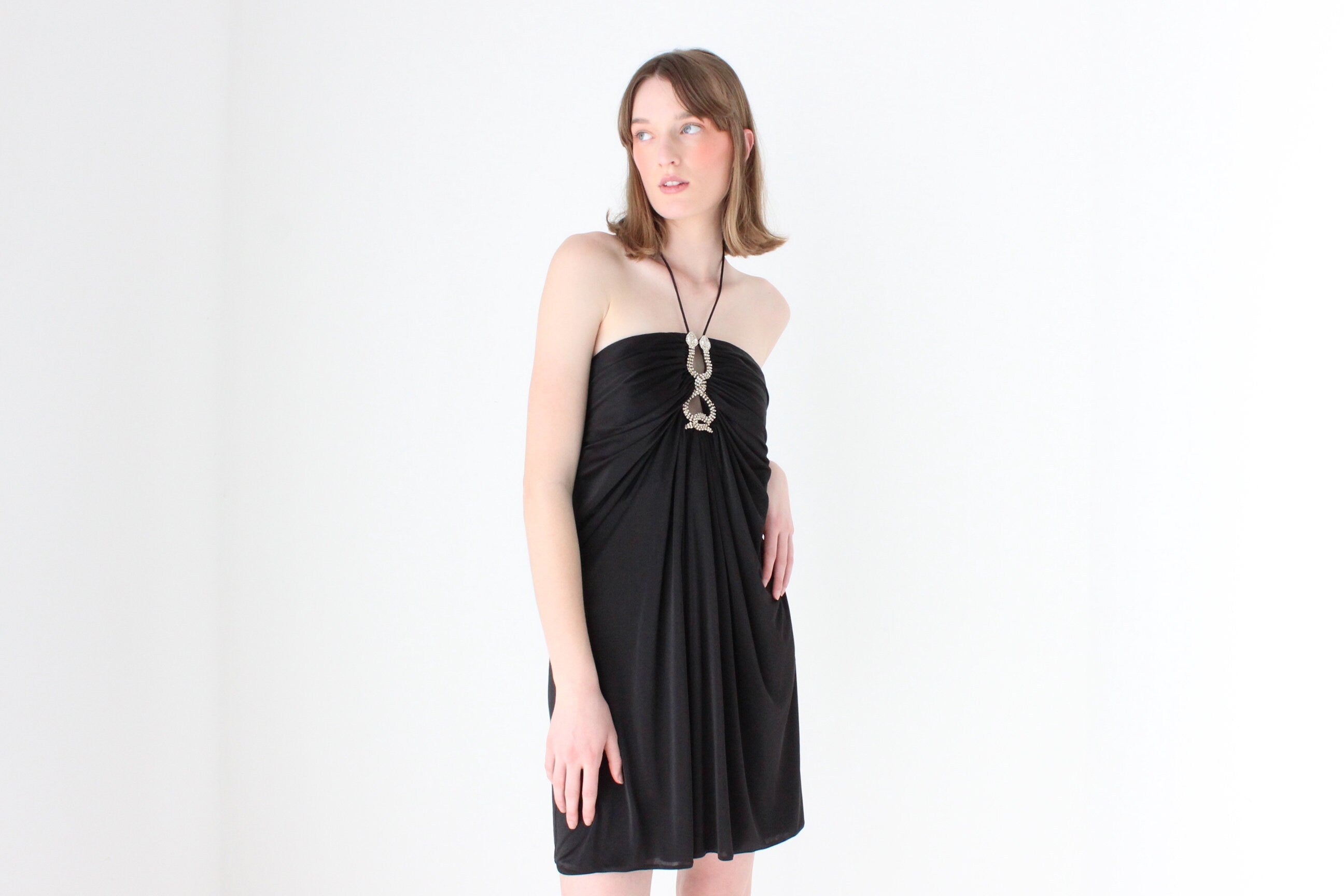 Y2K Slinky Ruched Halter Mini w/ Cavalli Vibe Gold & Crystal Snakes