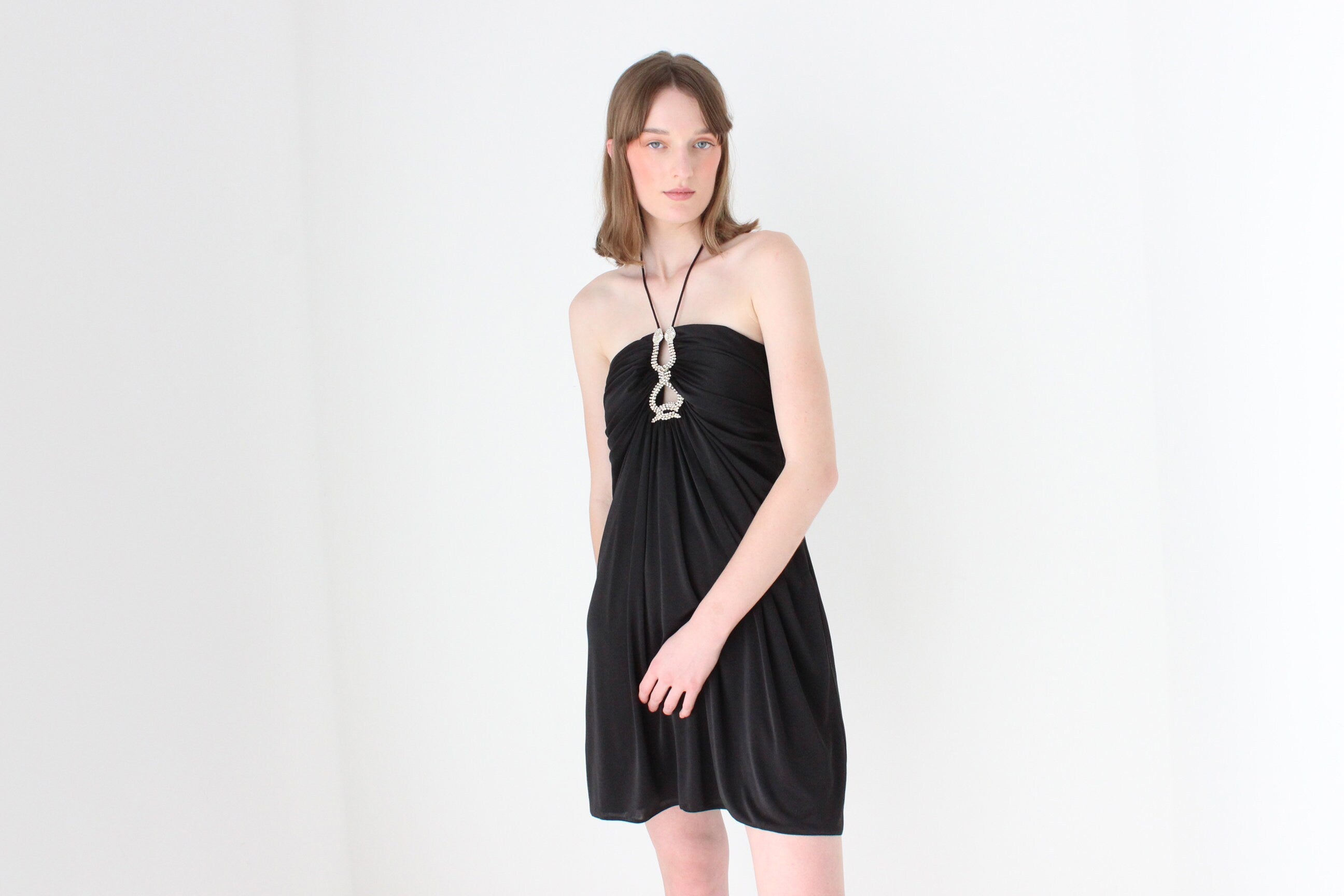 Y2K Slinky Ruched Halter Mini w/ Cavalli Vibe Gold & Crystal Snakes