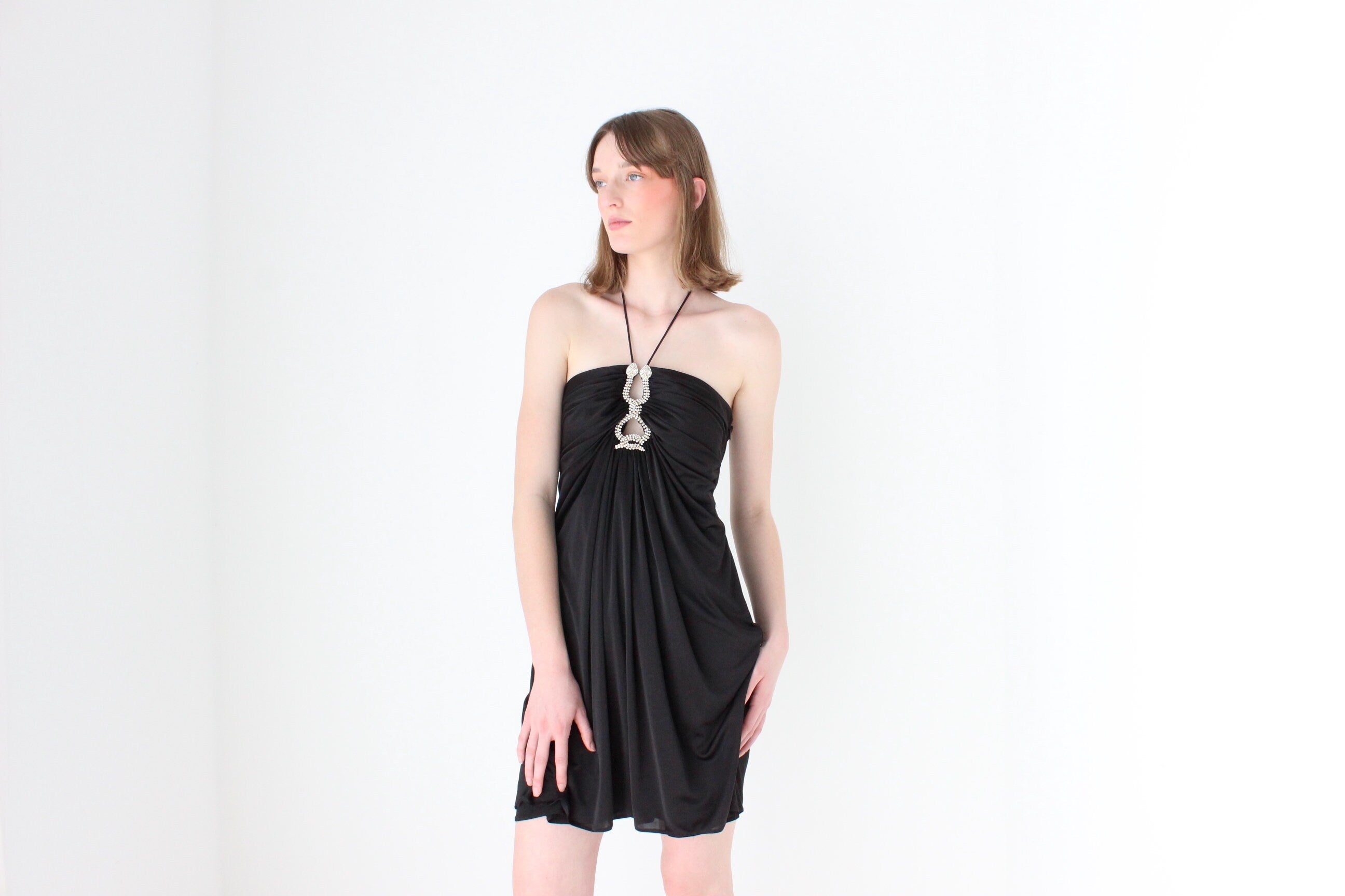 Y2K Slinky Ruched Halter Mini w/ Cavalli Vibe Gold & Crystal Snakes