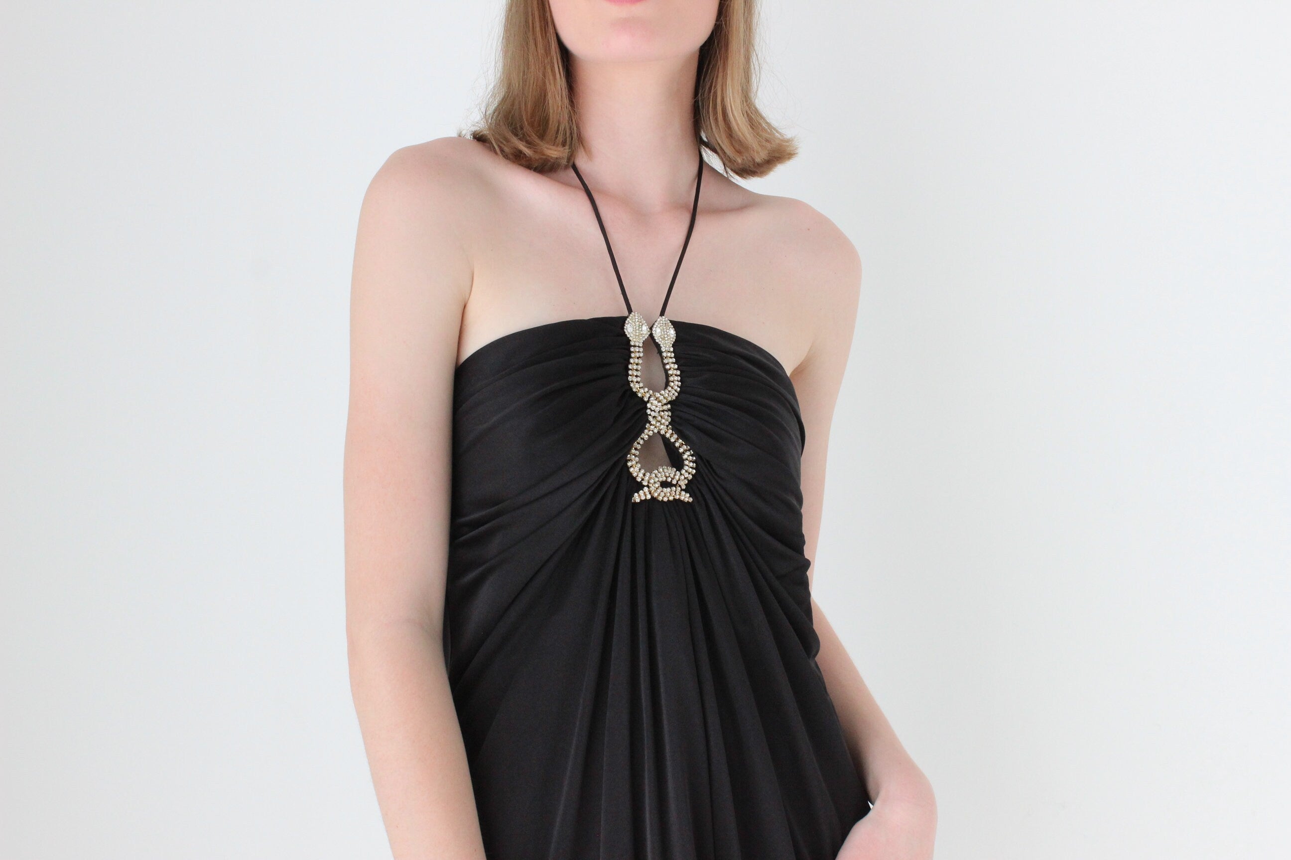 Y2K Slinky Ruched Halter Mini w/ Cavalli Vibe Gold & Crystal Snakes