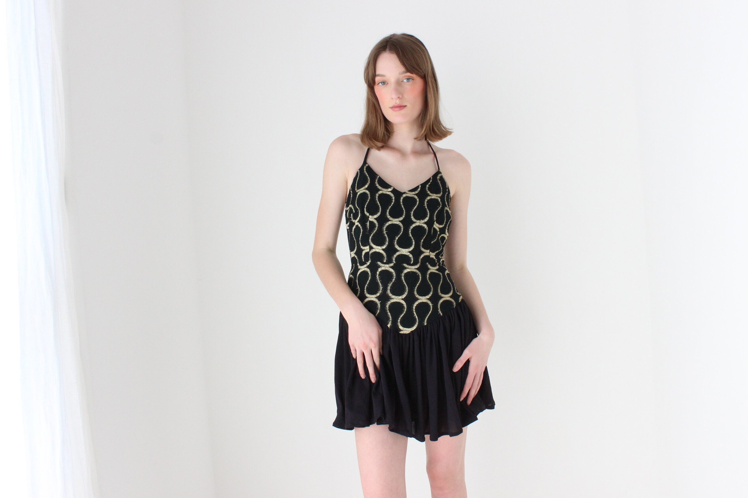 80s Tussi Gold & Black Flouncy Skirt Halter Mini