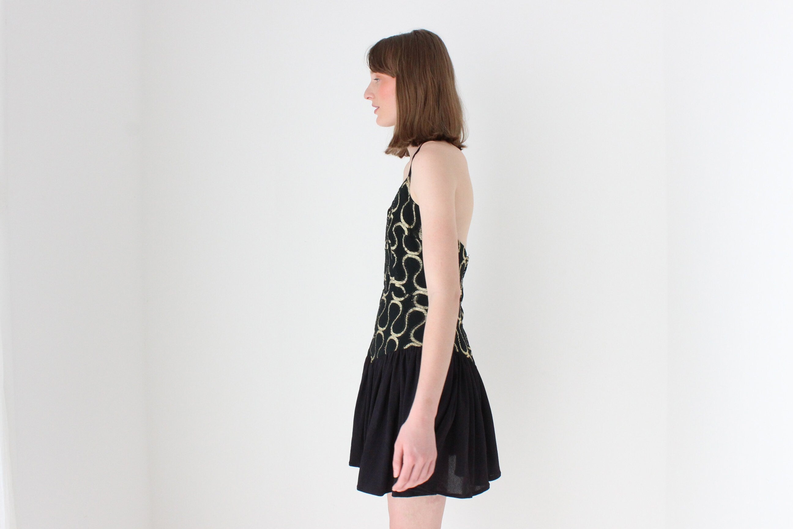 80s Tussi Gold & Black Flouncy Skirt Halter Mini