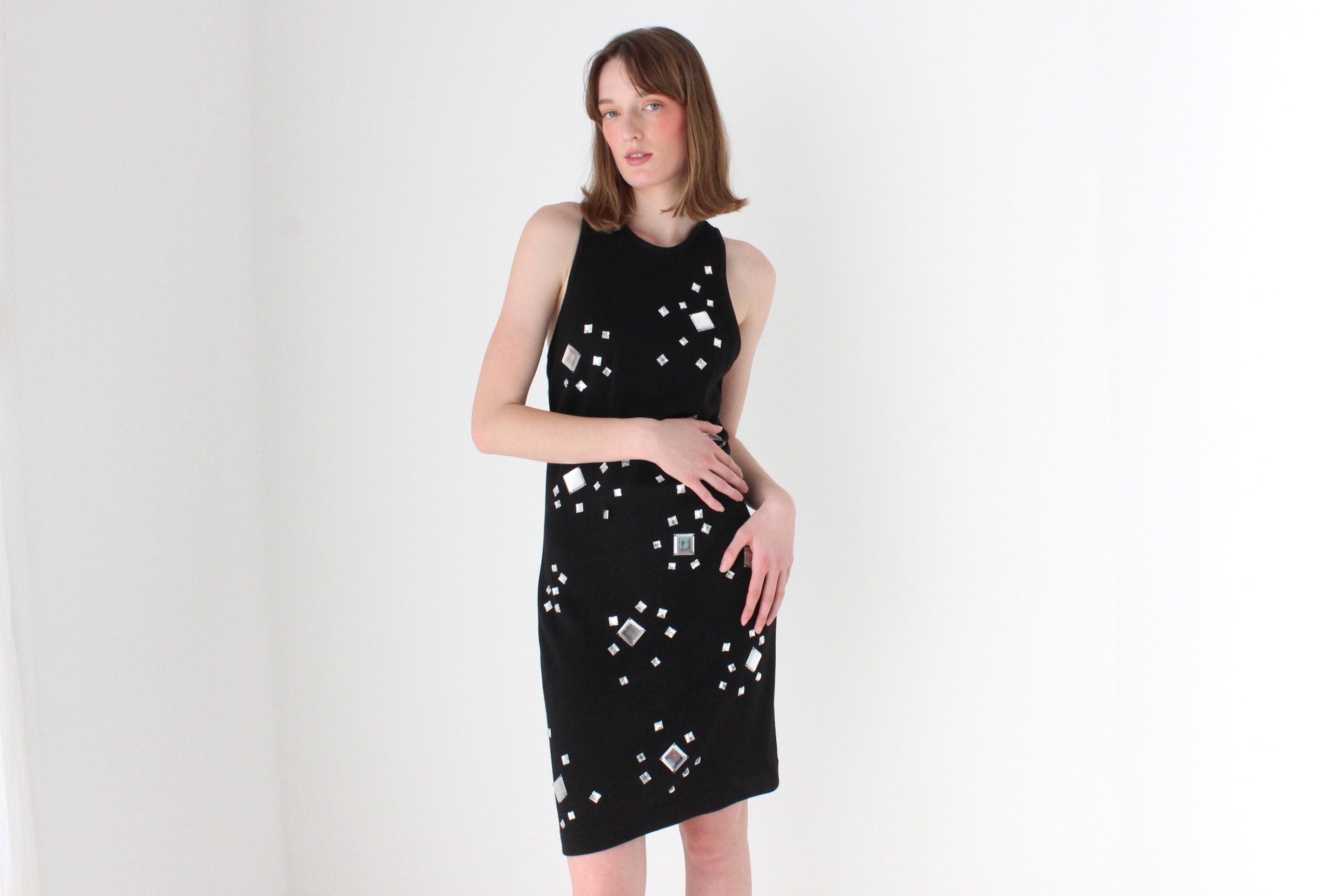 80s CACHE Mirror Gem Encrusted Cotton Knit High Neck Cocktail Dress