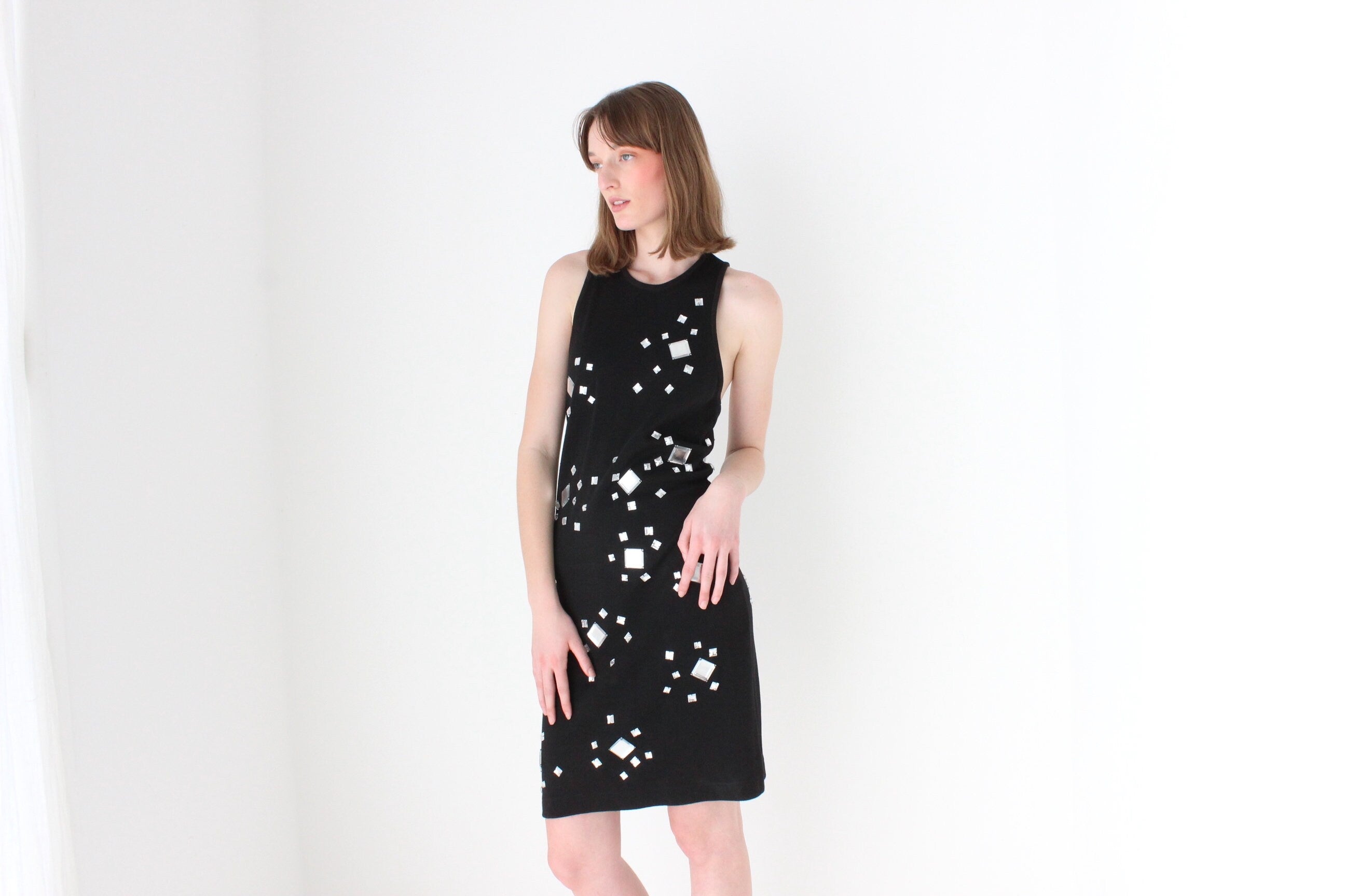 80s CACHE Mirror Gem Encrusted Cotton Knit High Neck Cocktail Dress