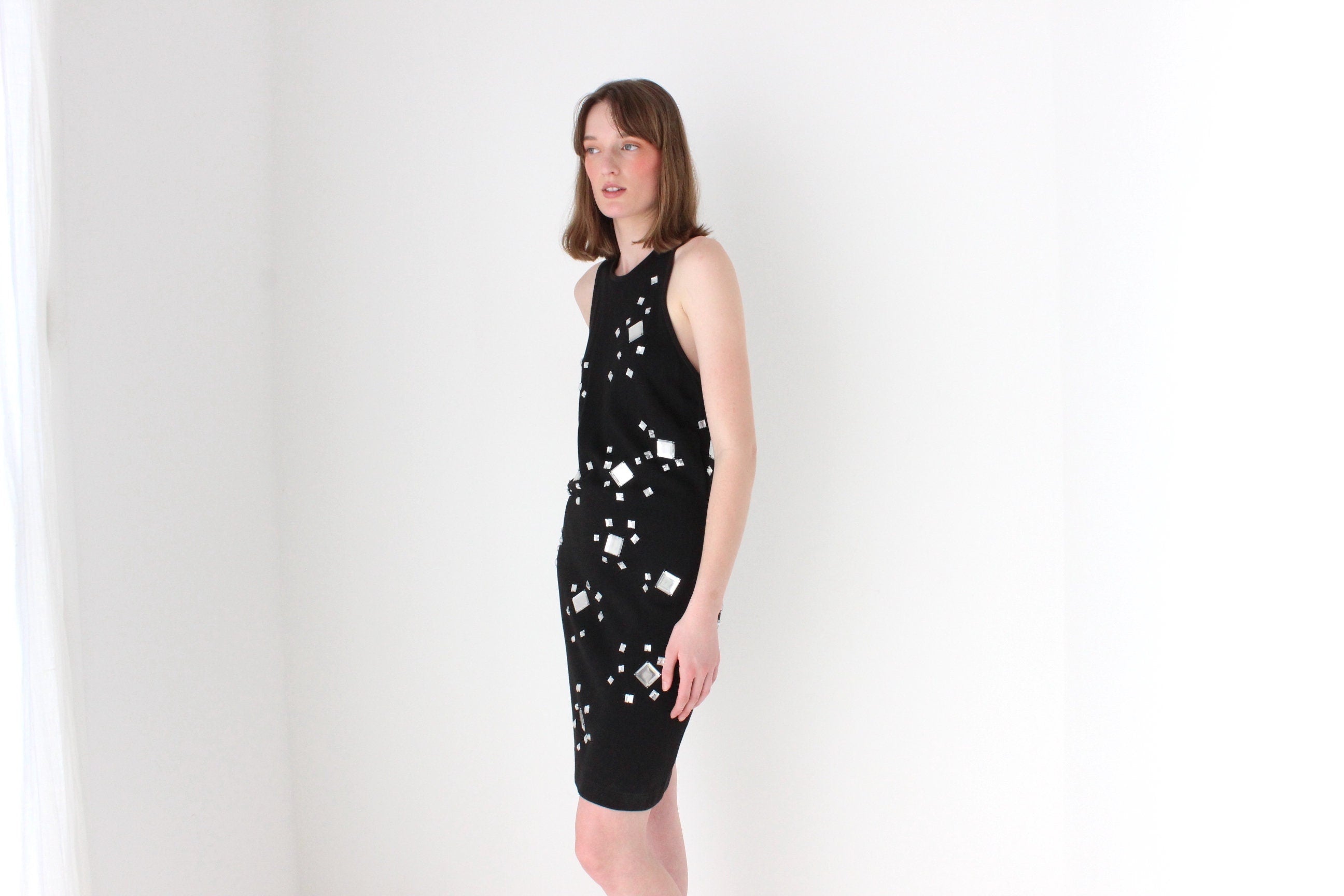 80s CACHE Mirror Gem Encrusted Cotton Knit High Neck Cocktail Dress