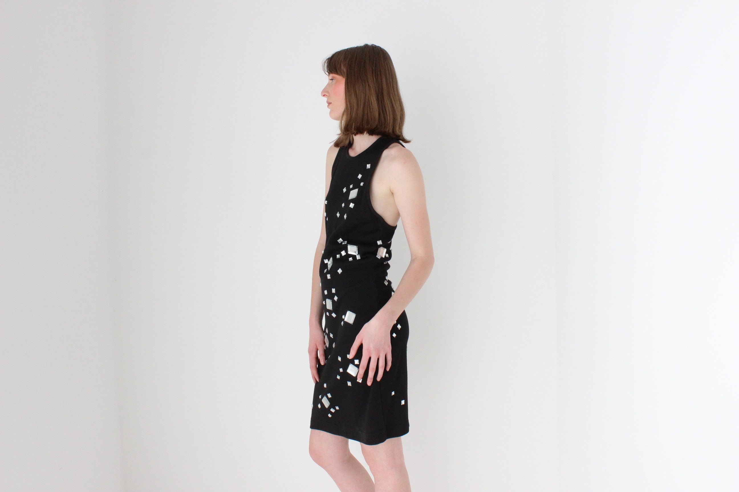 80s CACHE Mirror Gem Encrusted Cotton Knit High Neck Cocktail Dress