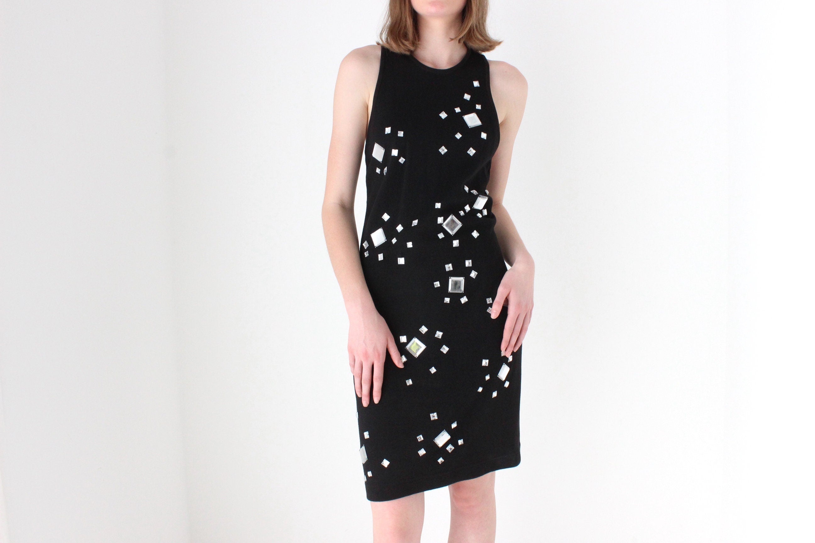 80s CACHE Mirror Gem Encrusted Cotton Knit High Neck Cocktail Dress