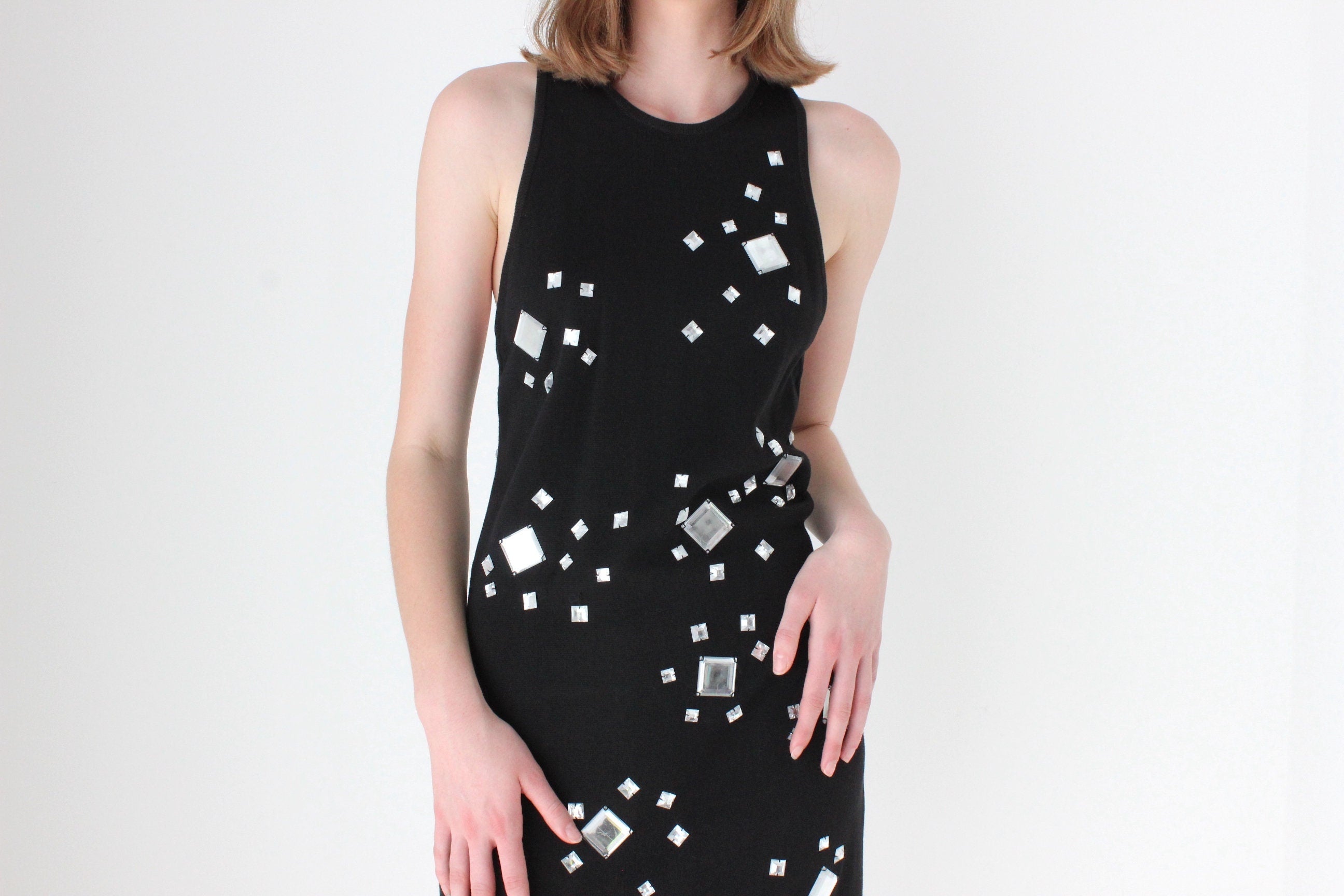 80s CACHE Mirror Gem Encrusted Cotton Knit High Neck Cocktail Dress