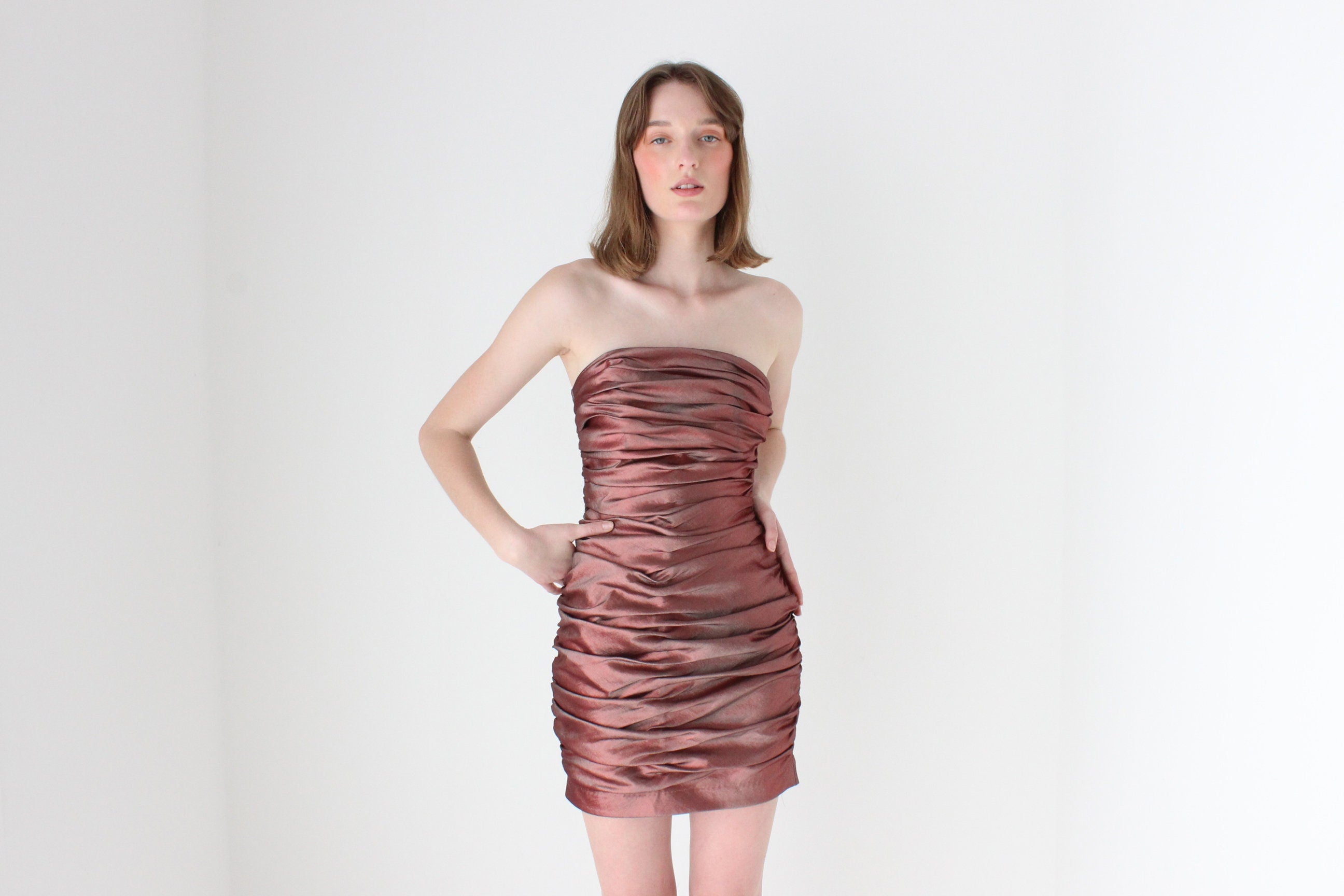 80s Jessica McClintock Holographic Ruched Metallic Strapless Mini
