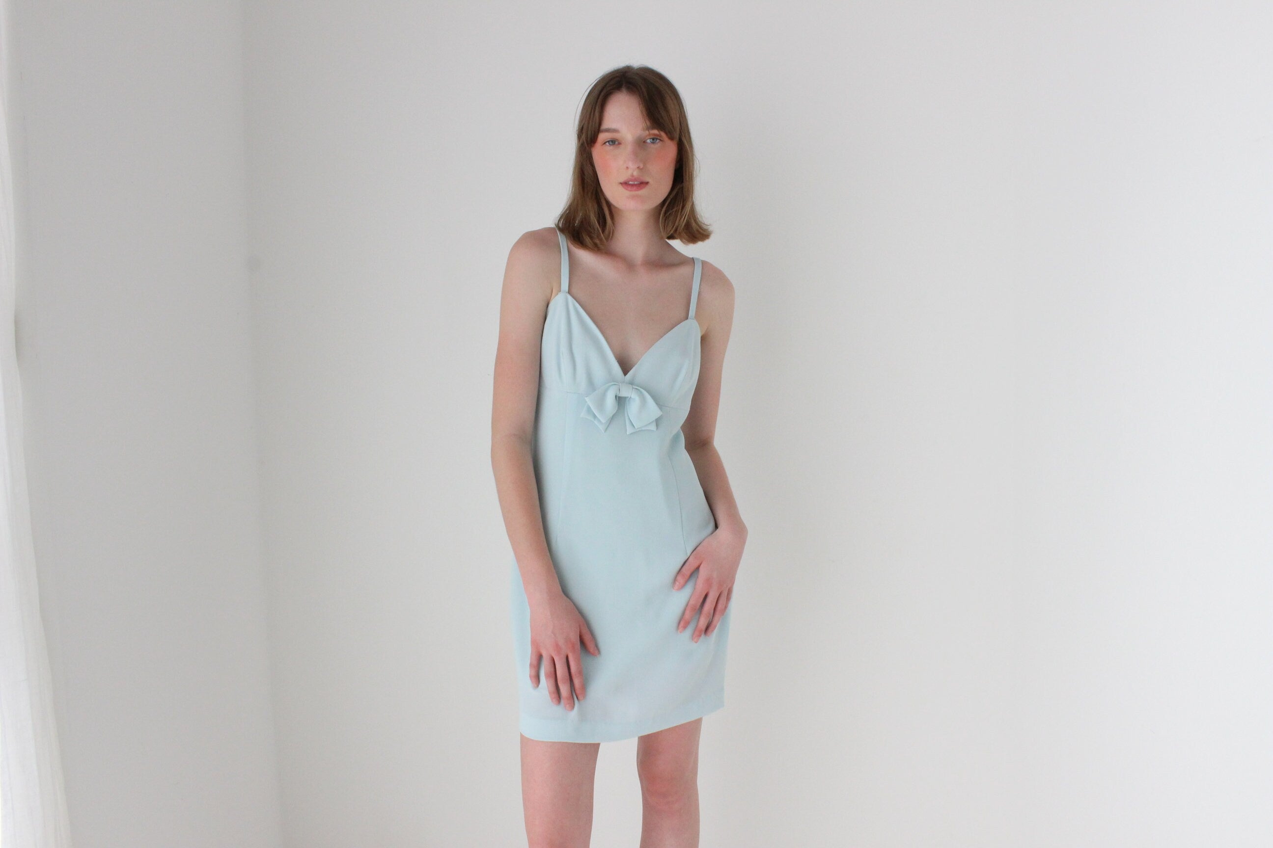 90s Pastel Fitted Crepe Mini Dress w/ Bow