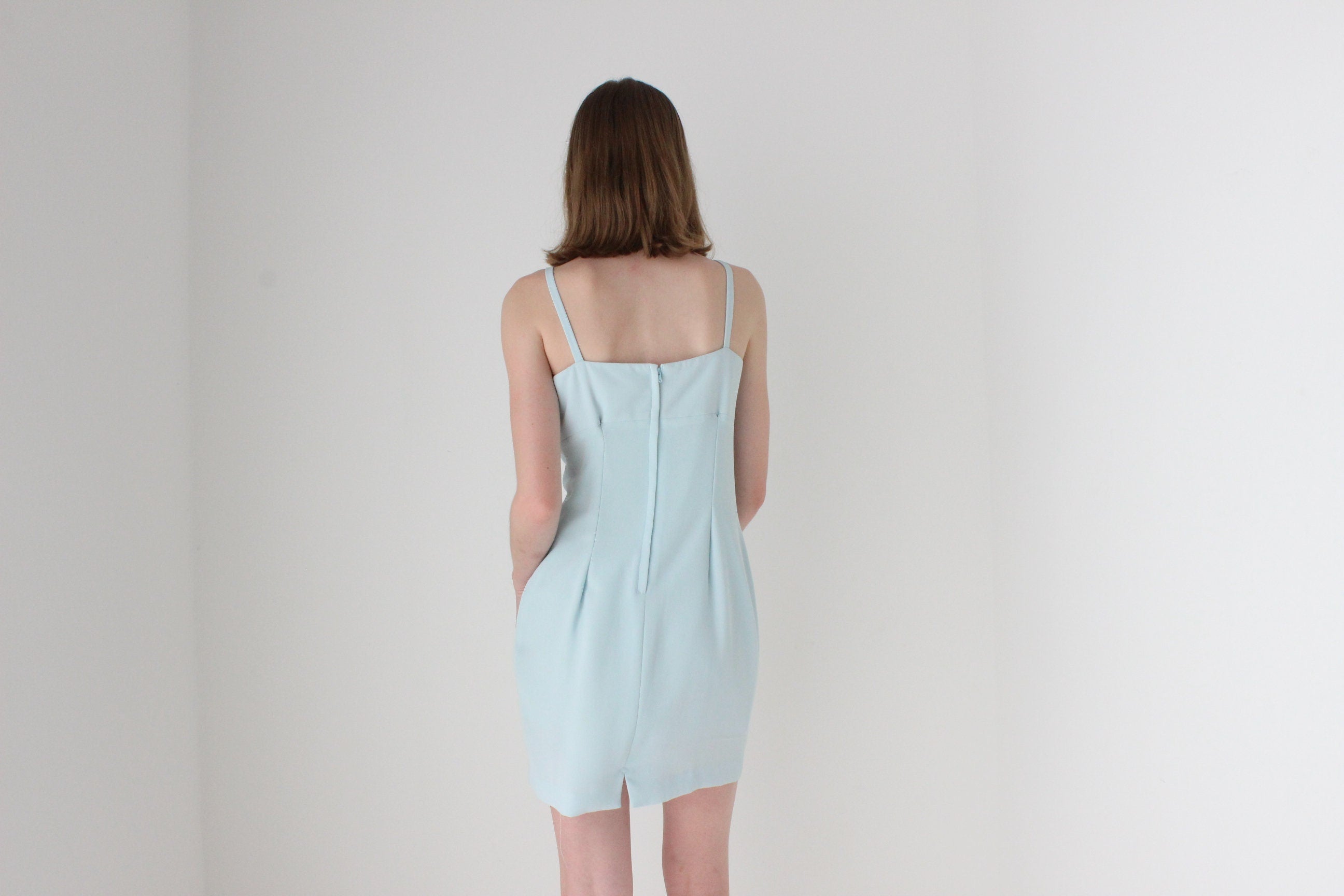 90s Pastel Fitted Crepe Mini Dress w/ Bow