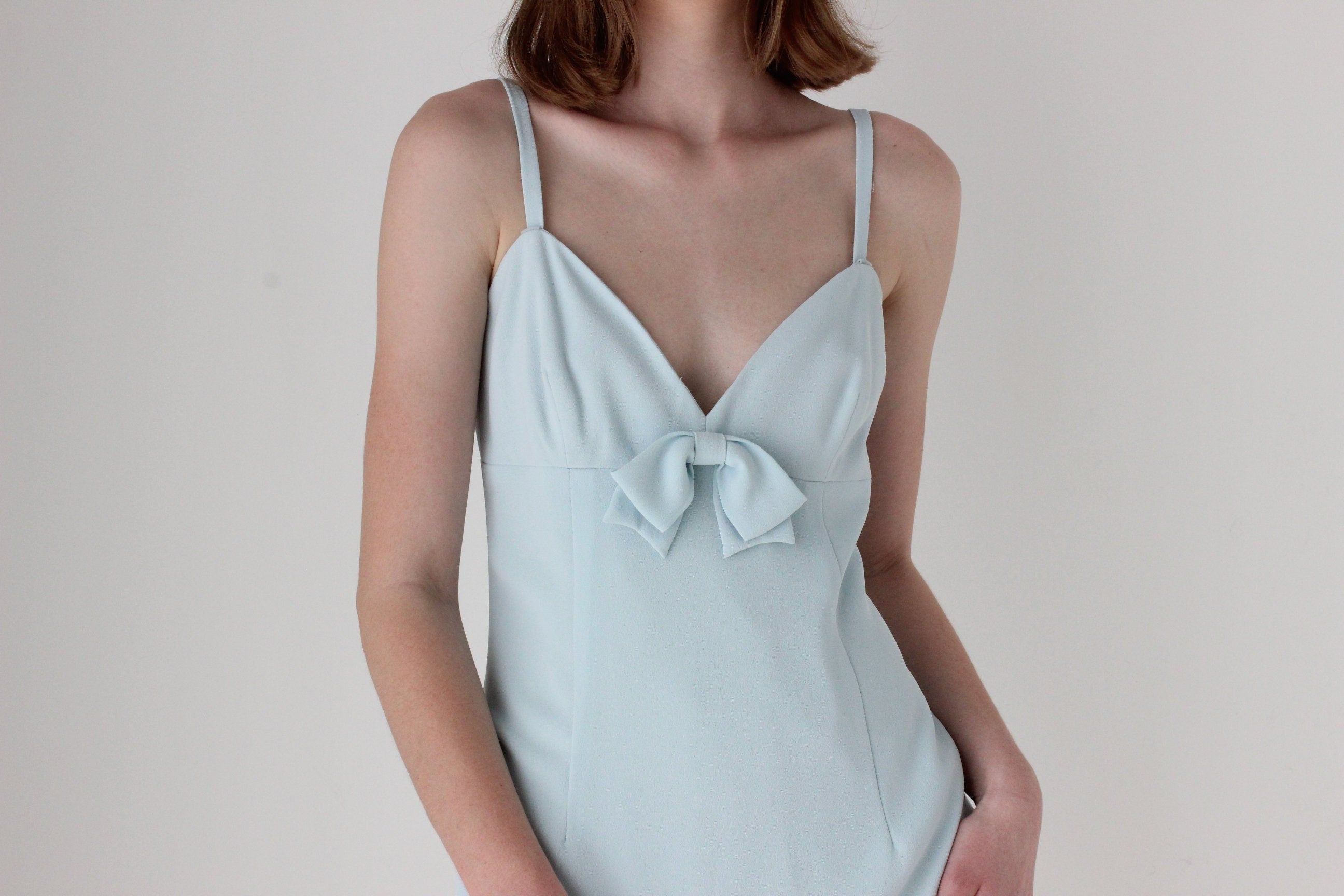 90s Pastel Fitted Crepe Mini Dress w/ Bow