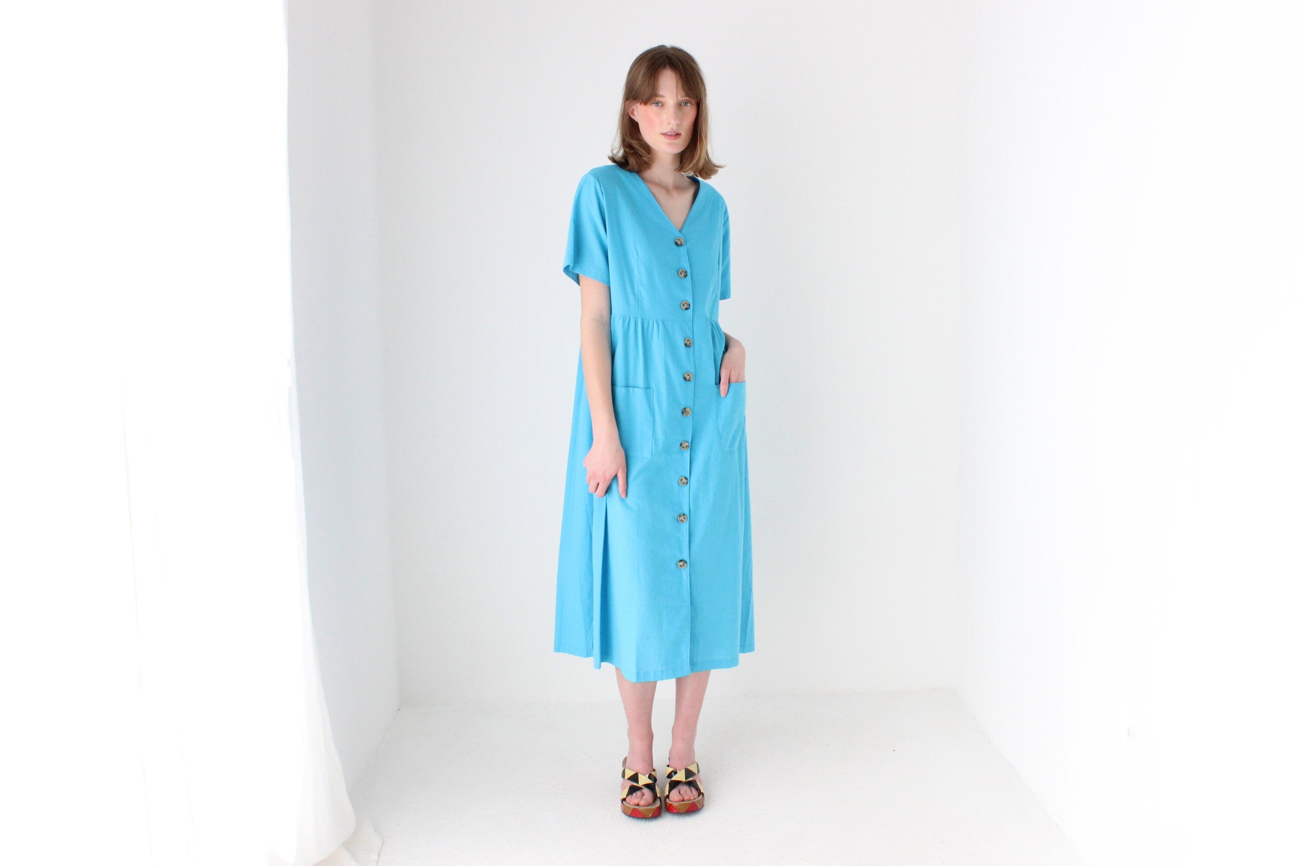 90s Azure Cotton Relaxed Picnic Smock