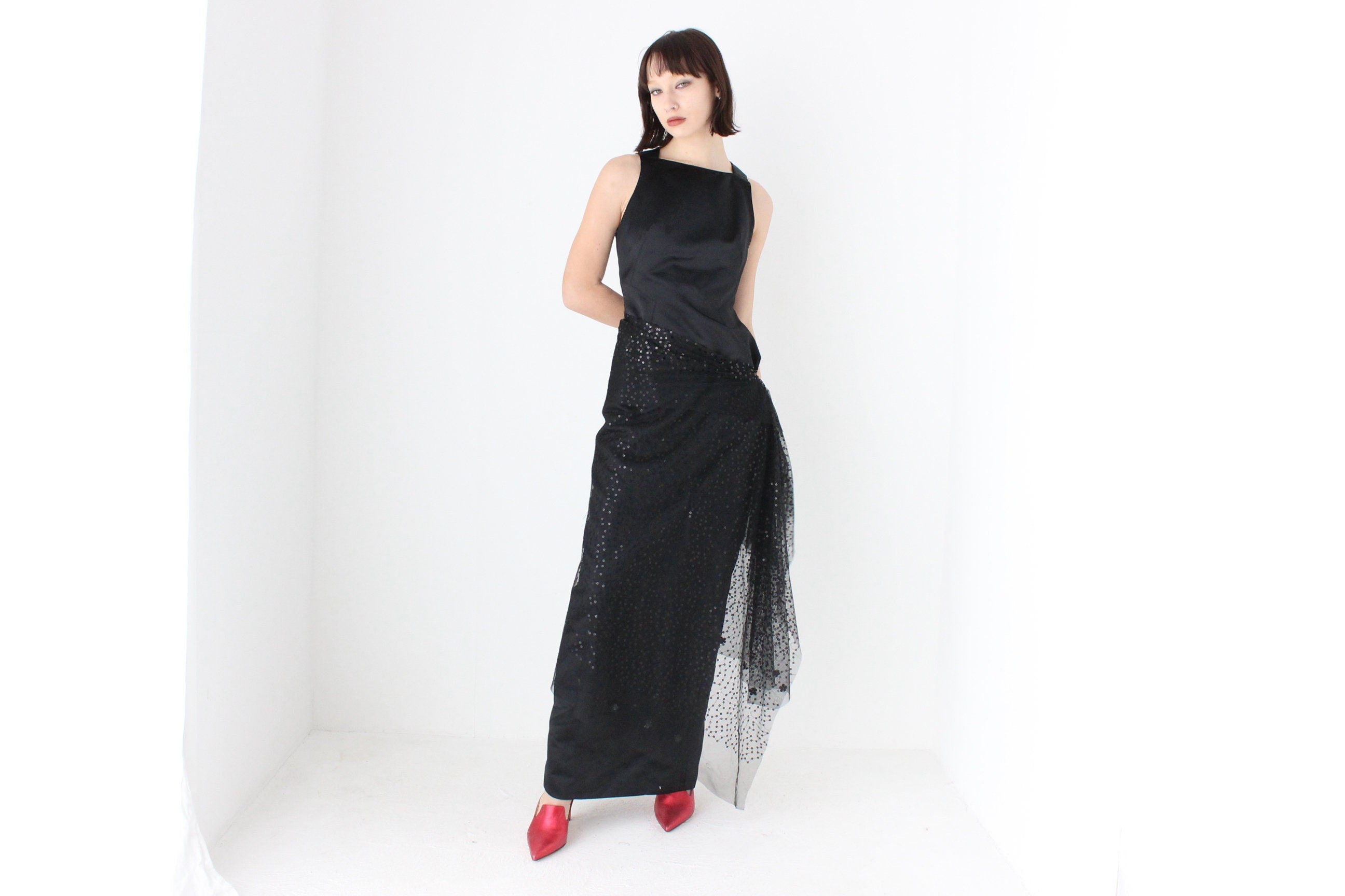 Heavenly 90s Matthew Eager Duchess Satin Cocktail Gown w/ Mesh Sequin Skirt