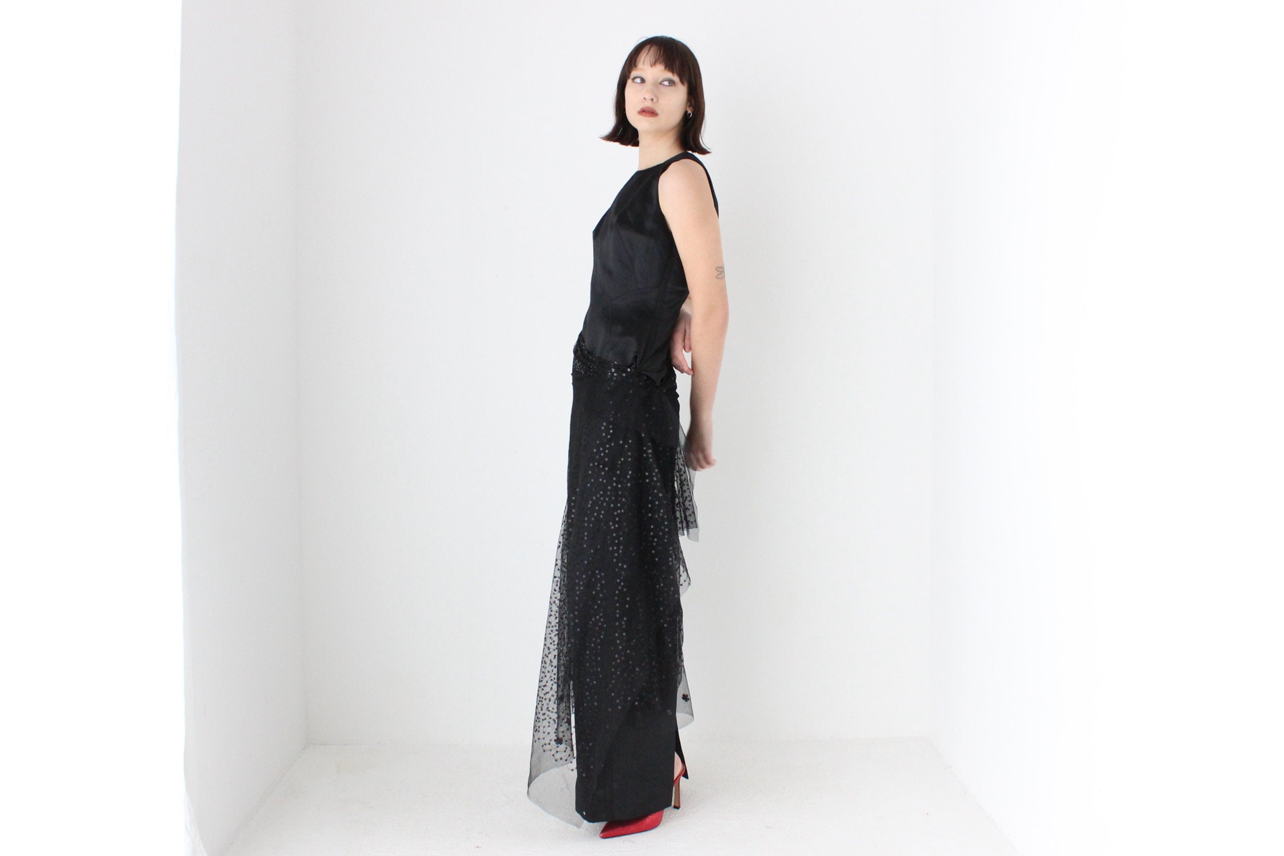 Heavenly 90s Matthew Eager Duchess Satin Cocktail Gown w/ Mesh Sequin Skirt