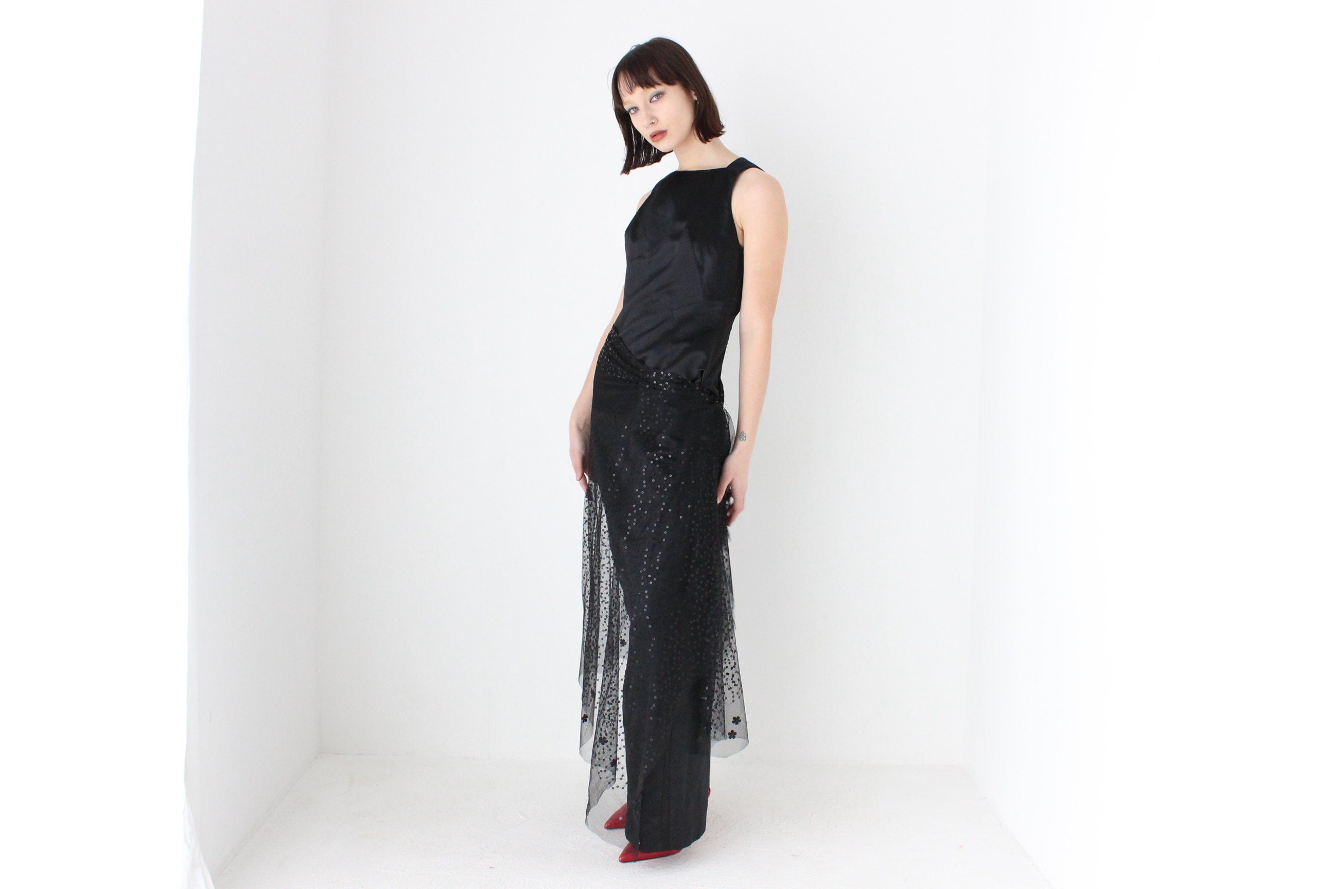 Heavenly 90s Matthew Eager Duchess Satin Cocktail Gown w/ Mesh Sequin Skirt