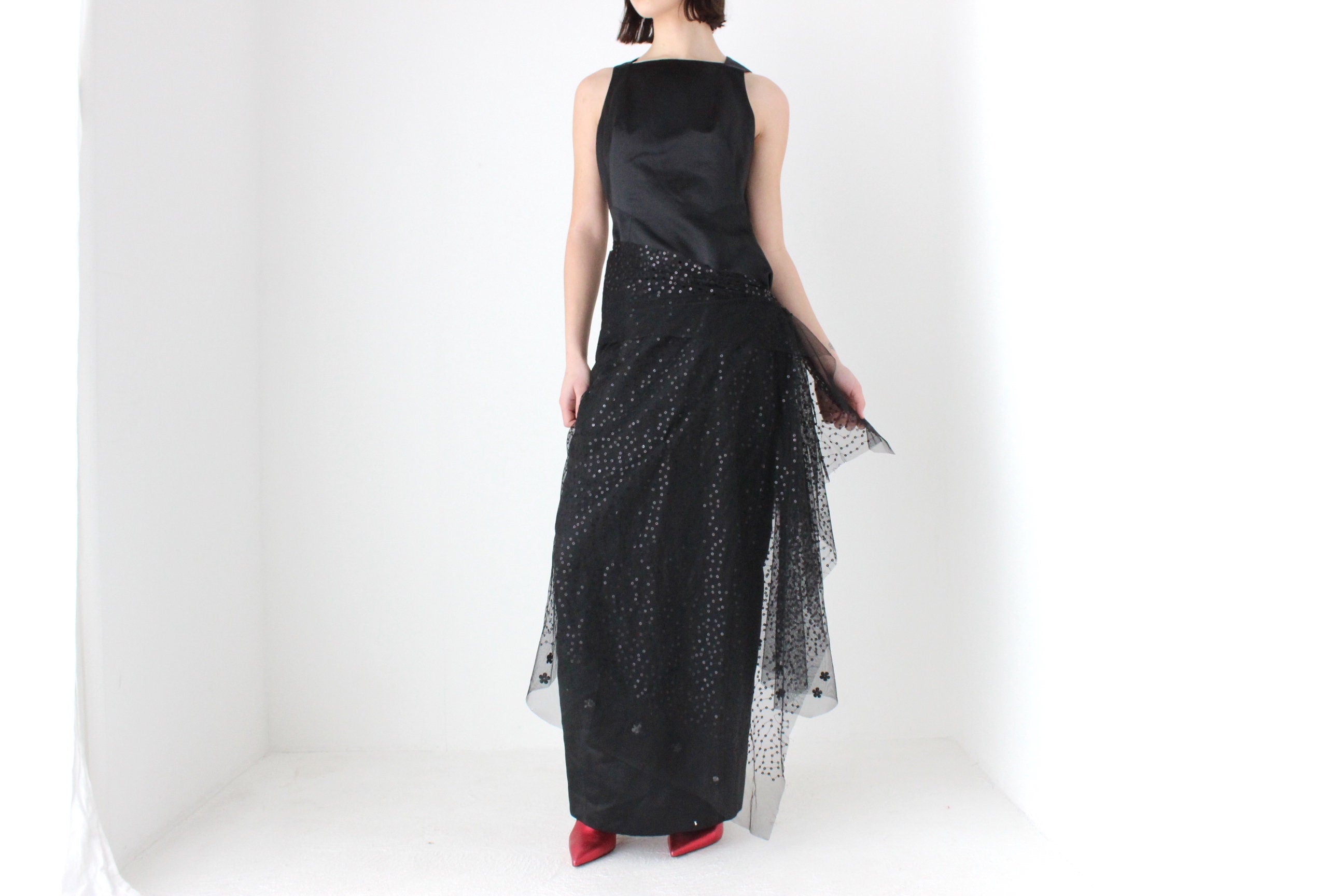 Heavenly 90s Matthew Eager Duchess Satin Cocktail Gown w/ Mesh Sequin Skirt