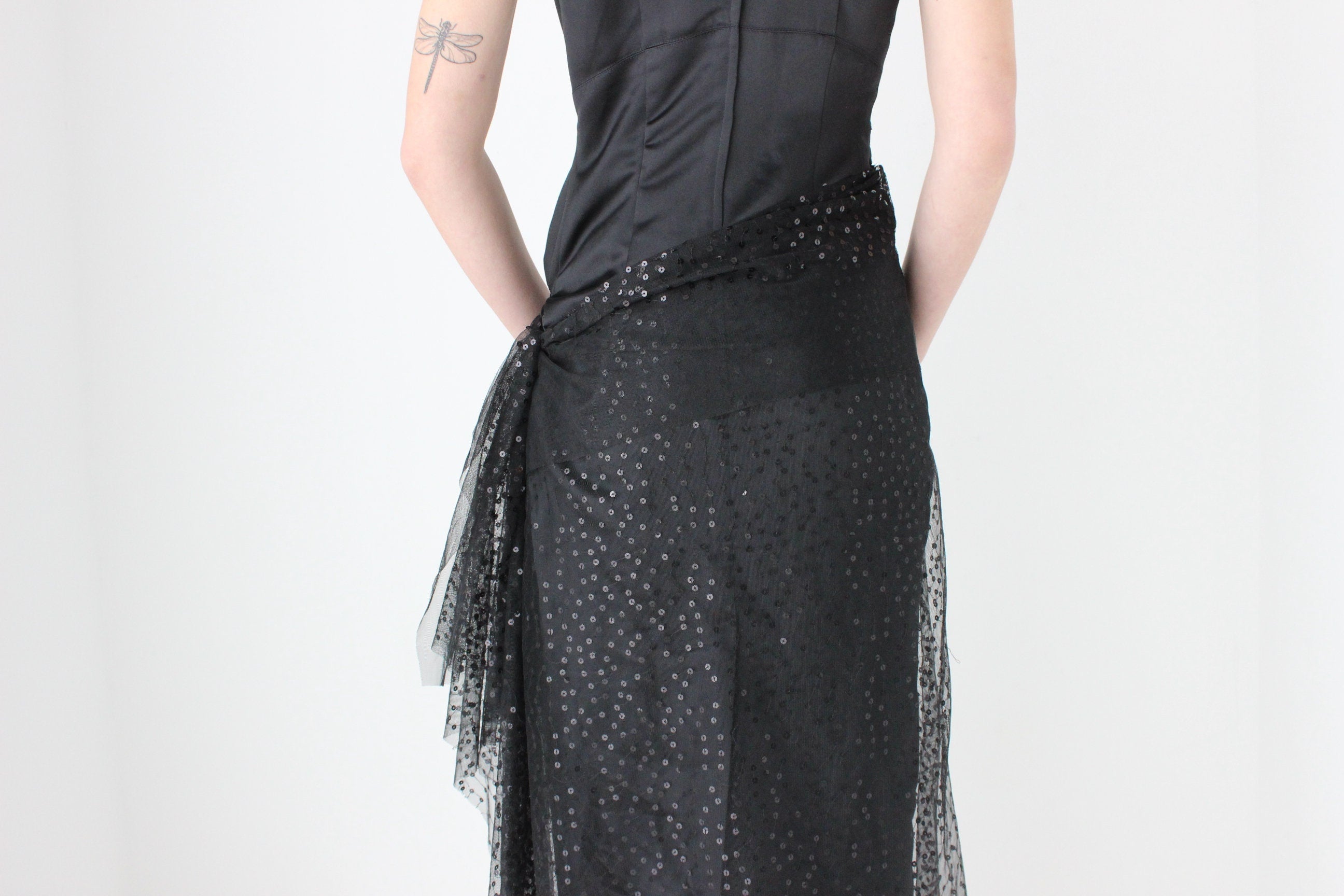 Heavenly 90s Matthew Eager Duchess Satin Cocktail Gown w/ Mesh Sequin Skirt
