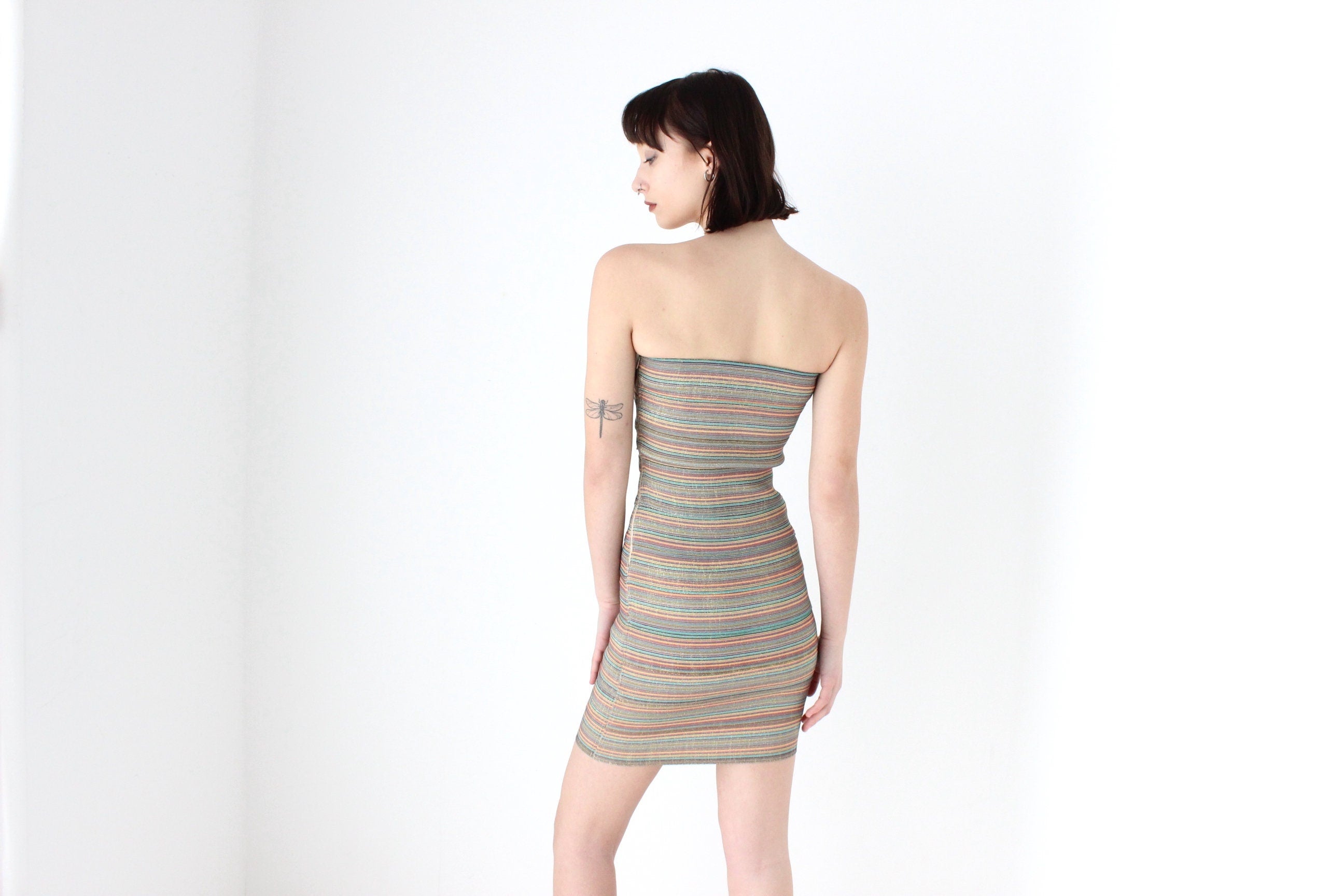 Y2K Glitter Rainbow Strapless Bodycon Bustier Mini
