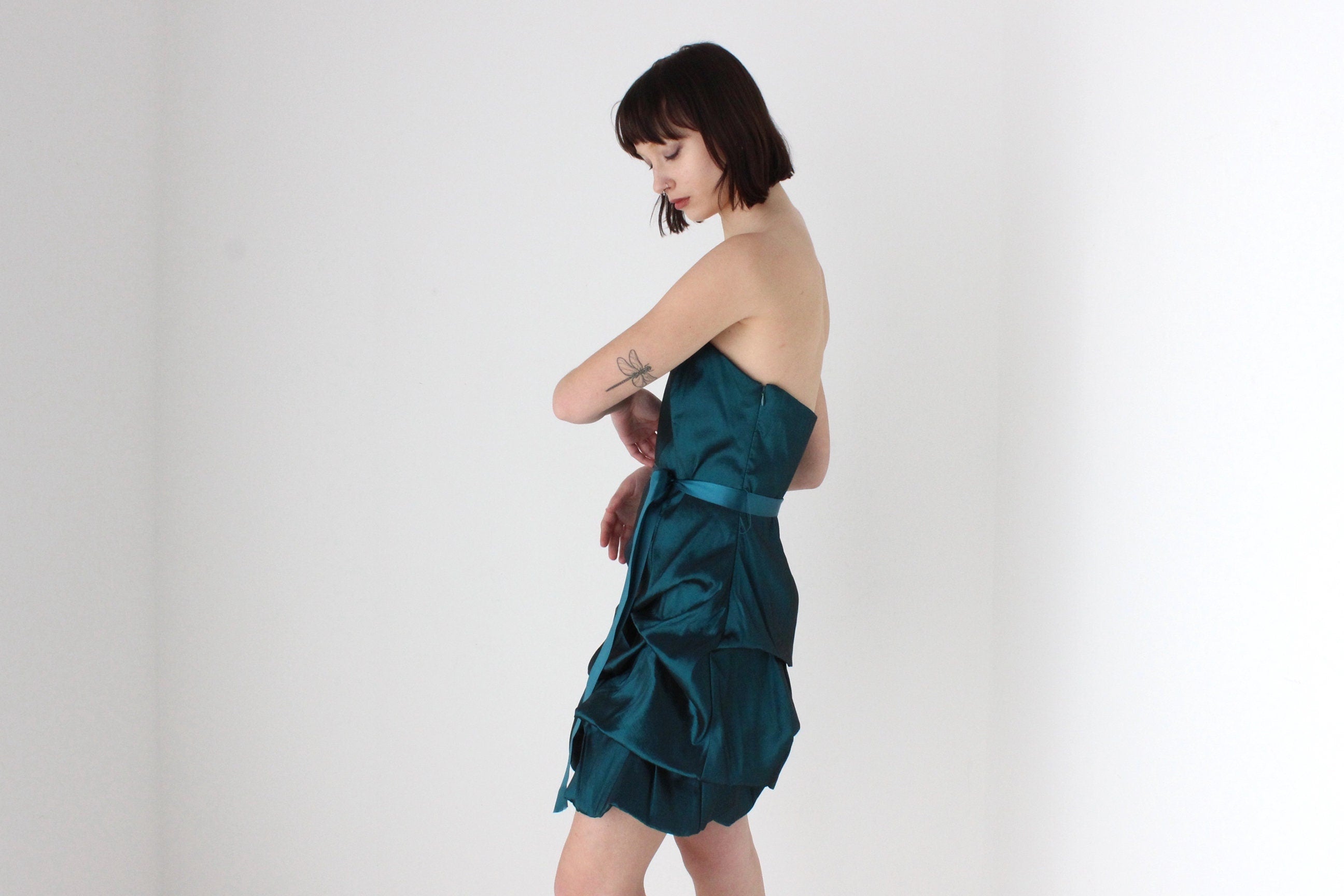 Y2K Metallic Origami Bubble Structured Mini Dress