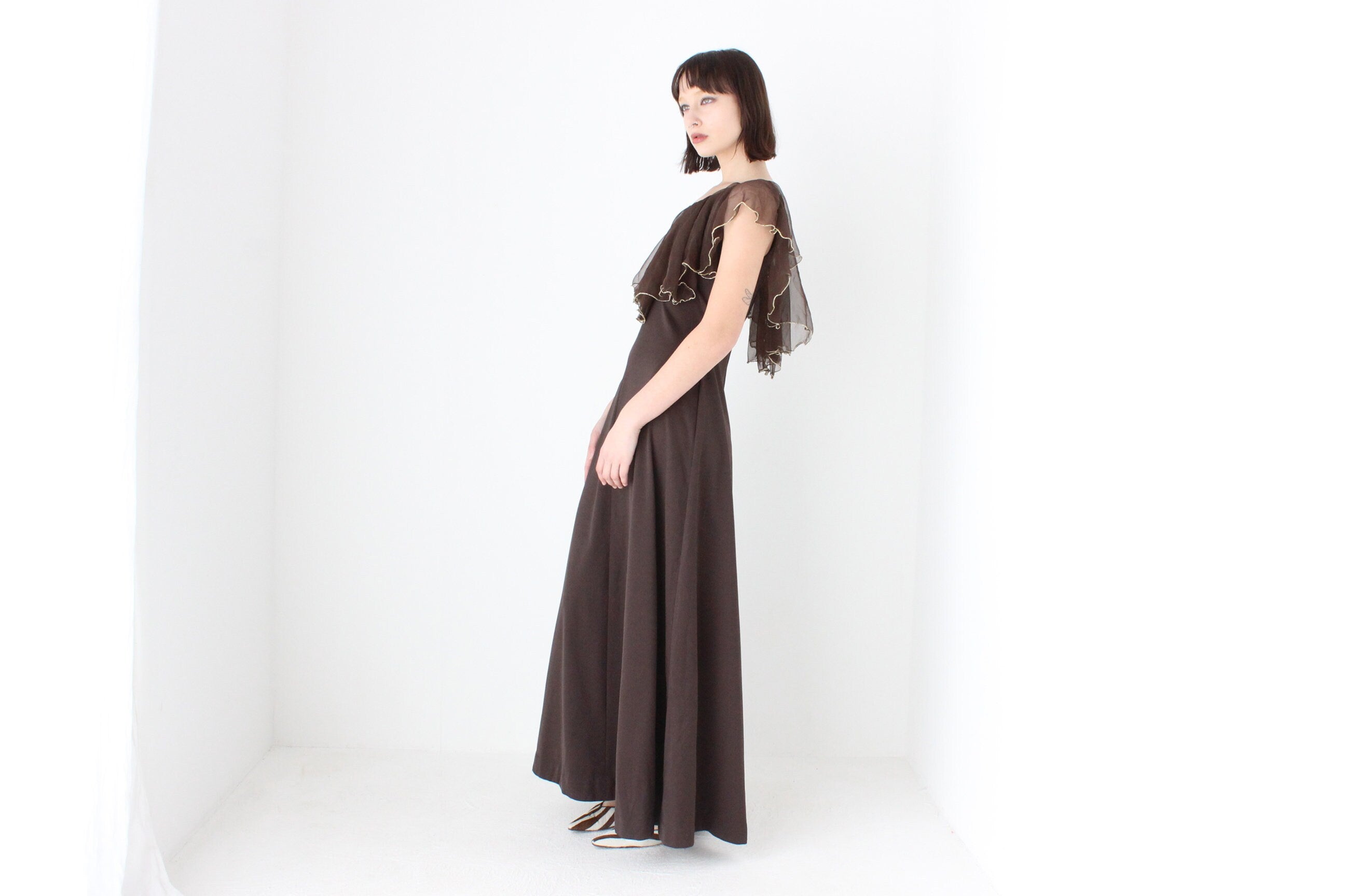 Gorgeous 1970s Chocolate Brown Jersey Gown w/ Ruffle Cape Collar
