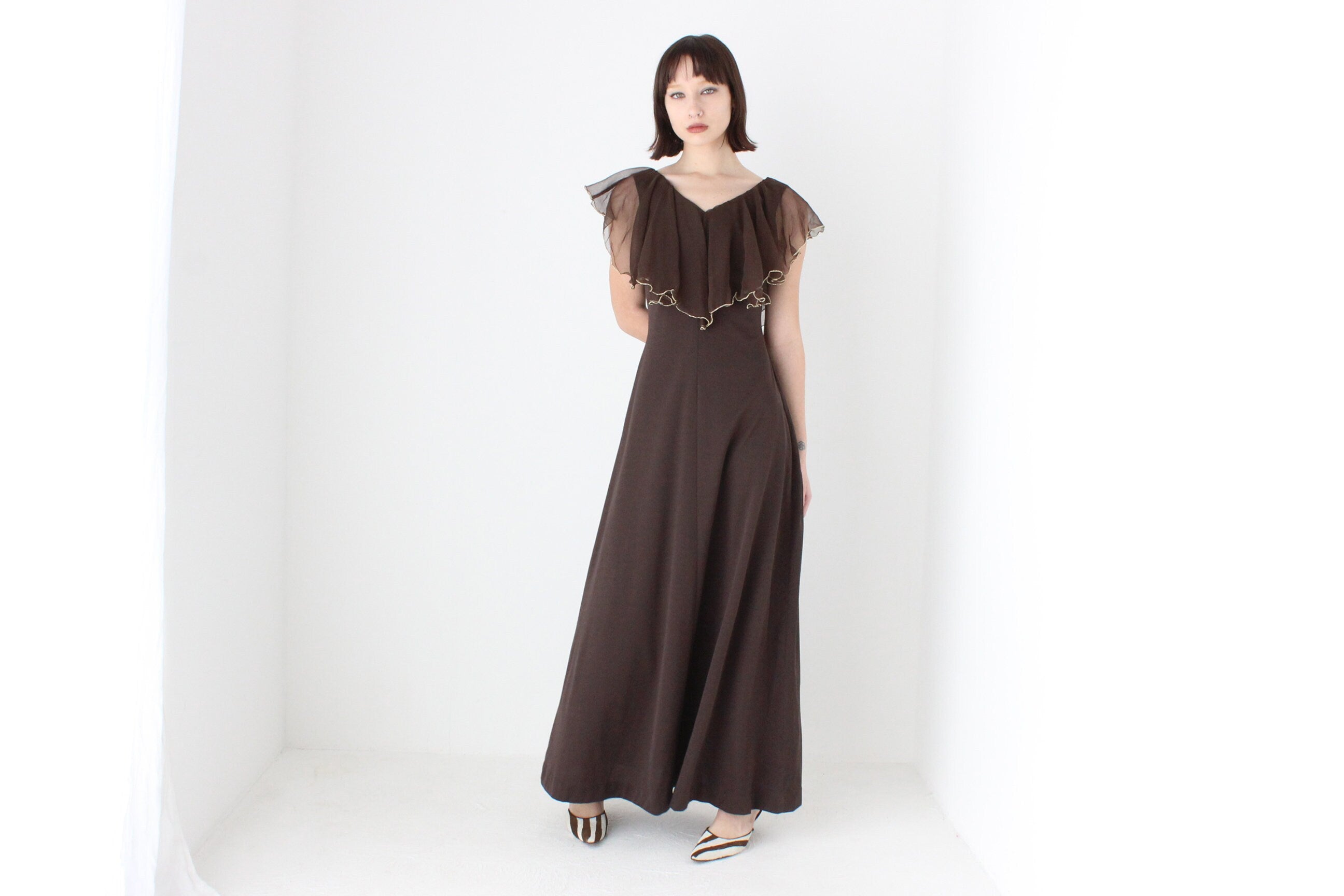 Gorgeous 1970s Chocolate Brown Jersey Gown w/ Ruffle Cape Collar