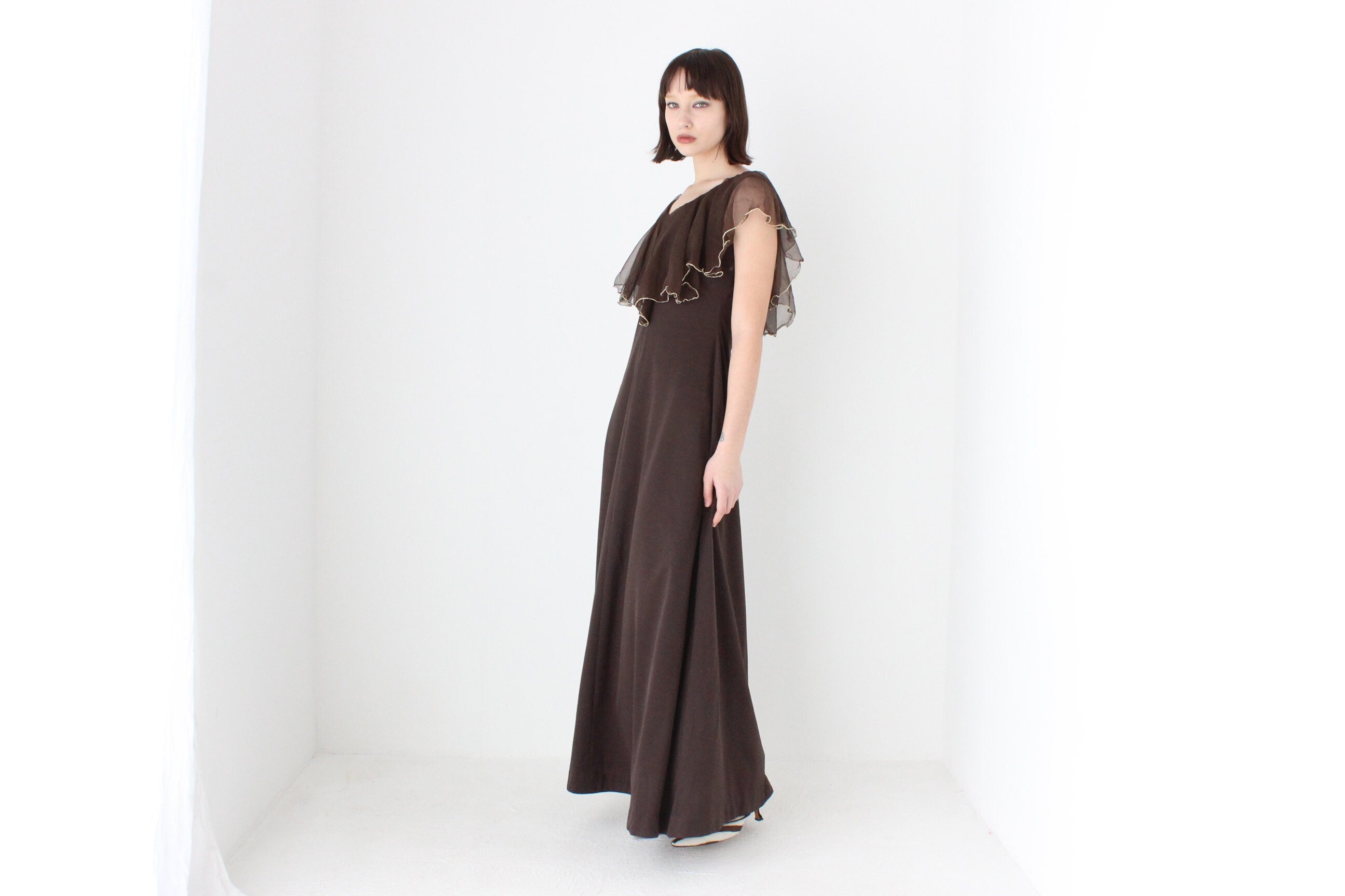 Gorgeous 1970s Chocolate Brown Jersey Gown w/ Ruffle Cape Collar