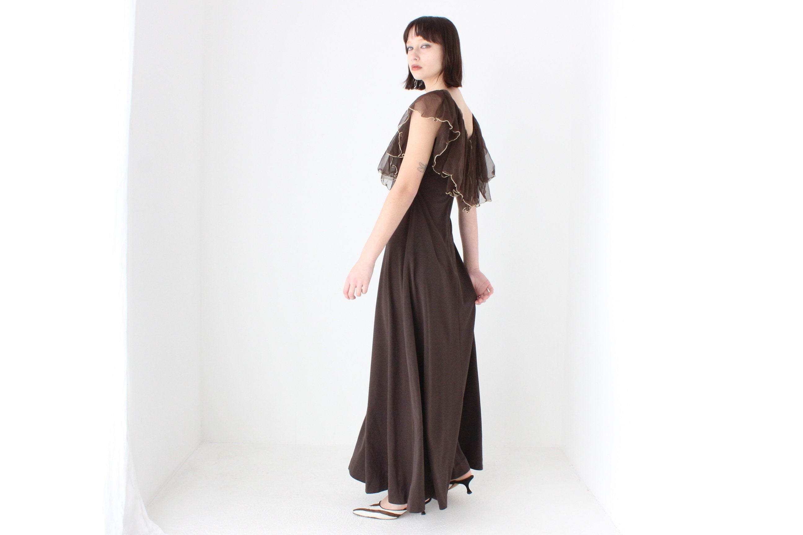 Gorgeous 1970s Chocolate Brown Jersey Gown w/ Ruffle Cape Collar