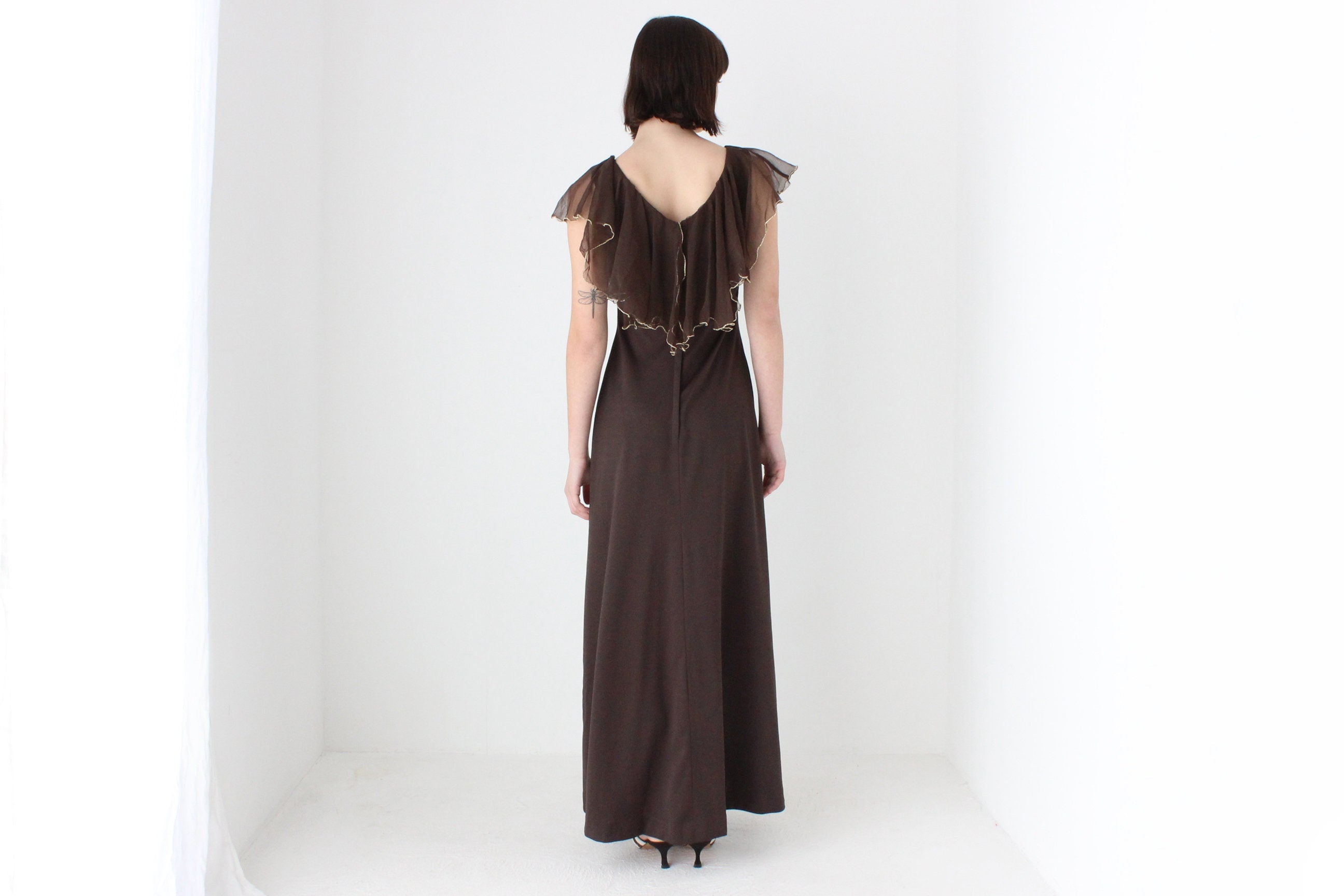 Gorgeous 1970s Chocolate Brown Jersey Gown w/ Ruffle Cape Collar