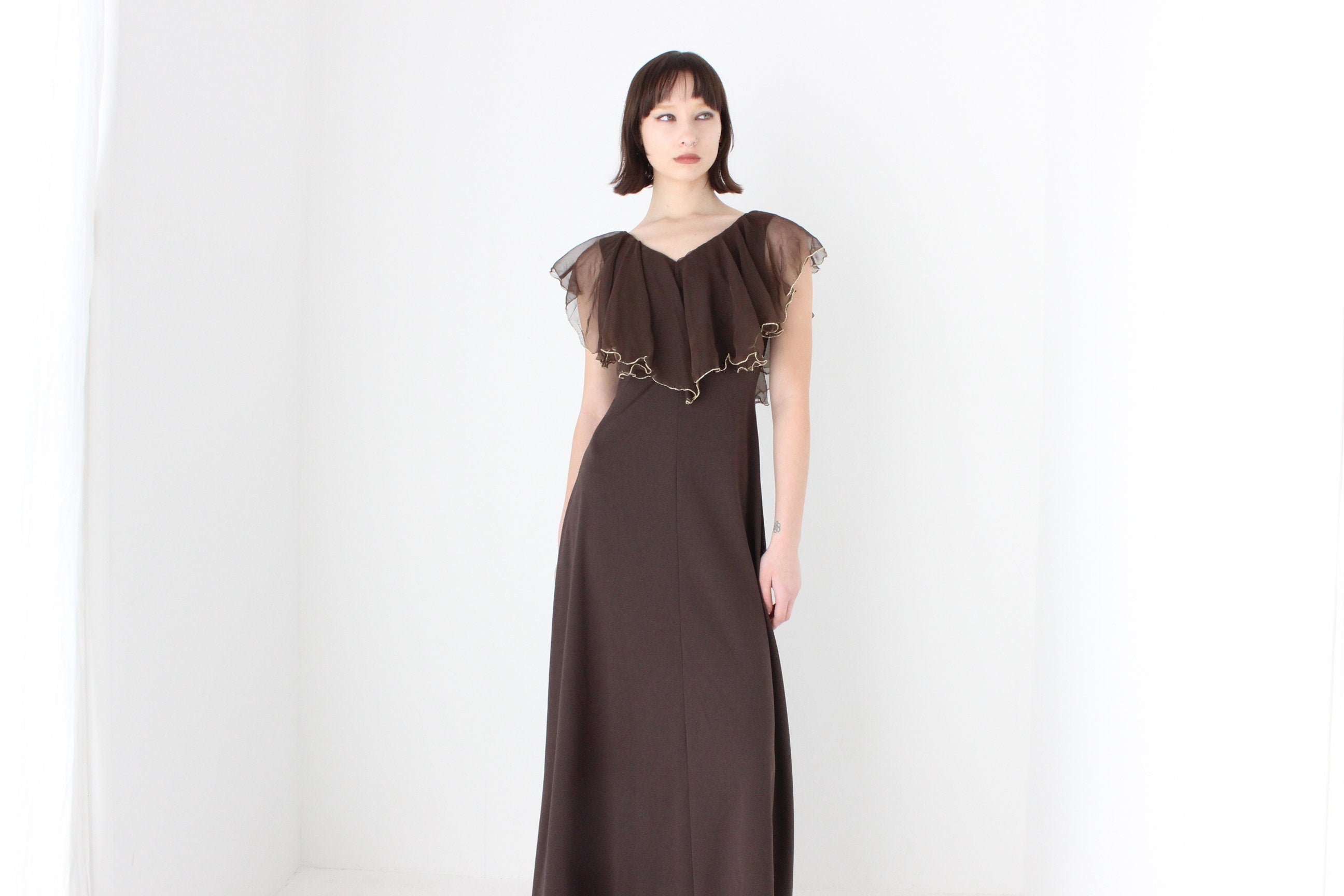 Gorgeous 1970s Chocolate Brown Jersey Gown w/ Ruffle Cape Collar