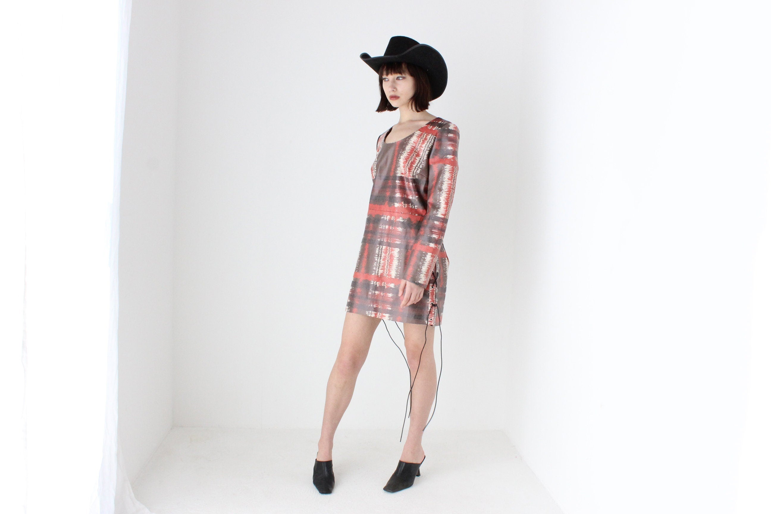 2000s Hilary Macmillan Vinyl Tartan Print Lace Side Dress