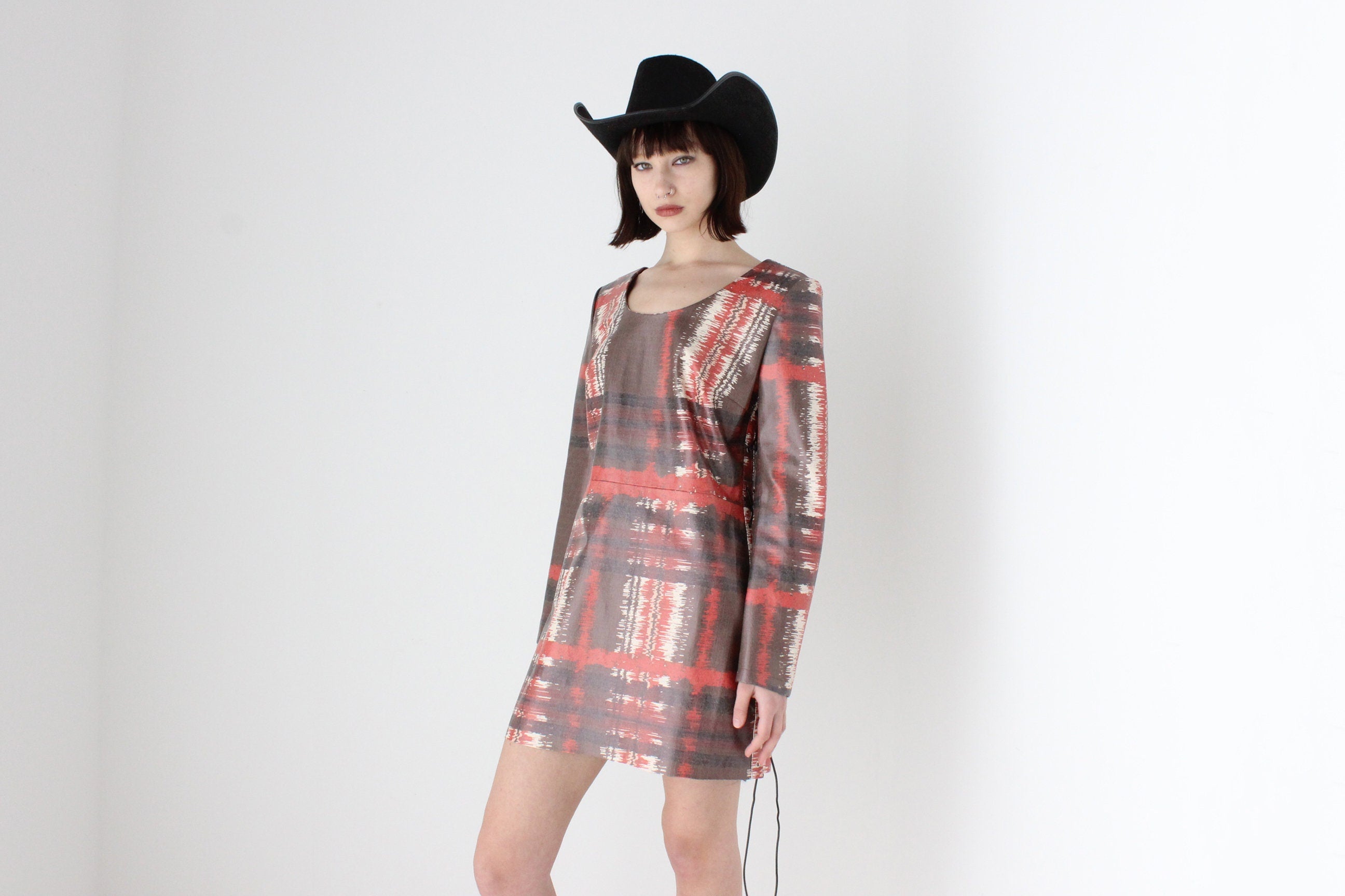 2000s Hilary Macmillan Vinyl Tartan Print Lace Side Dress