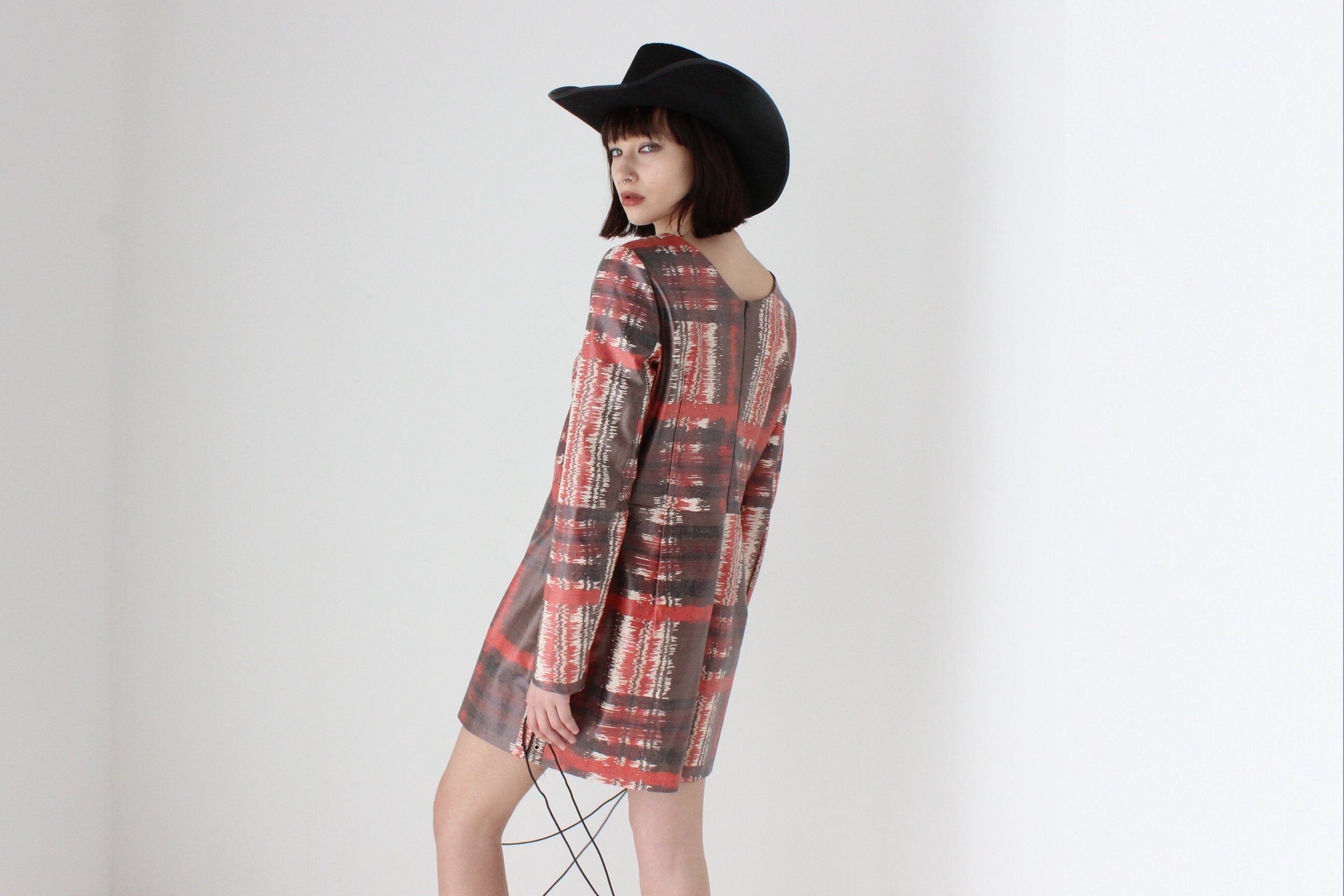 2000s Hilary Macmillan Vinyl Tartan Print Lace Side Dress