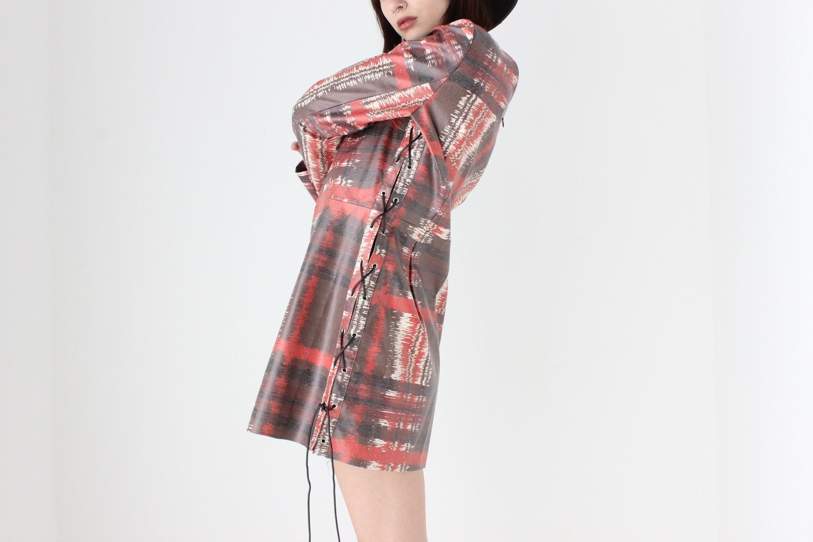 2000s Hilary Macmillan Vinyl Tartan Print Lace Side Dress
