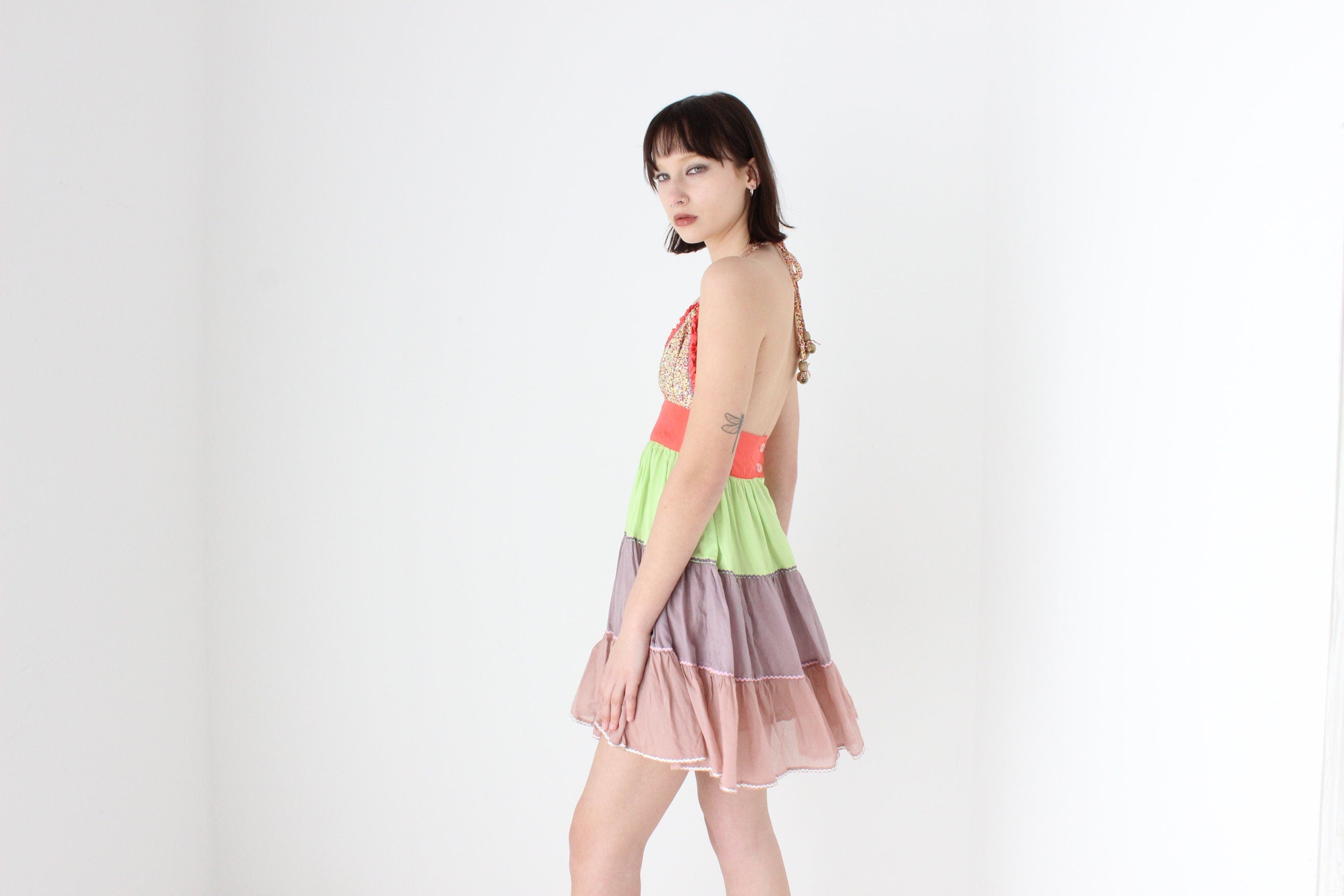 Y2K 'Pani' Silk & Cotton Tiered Ruffle Halter Mini