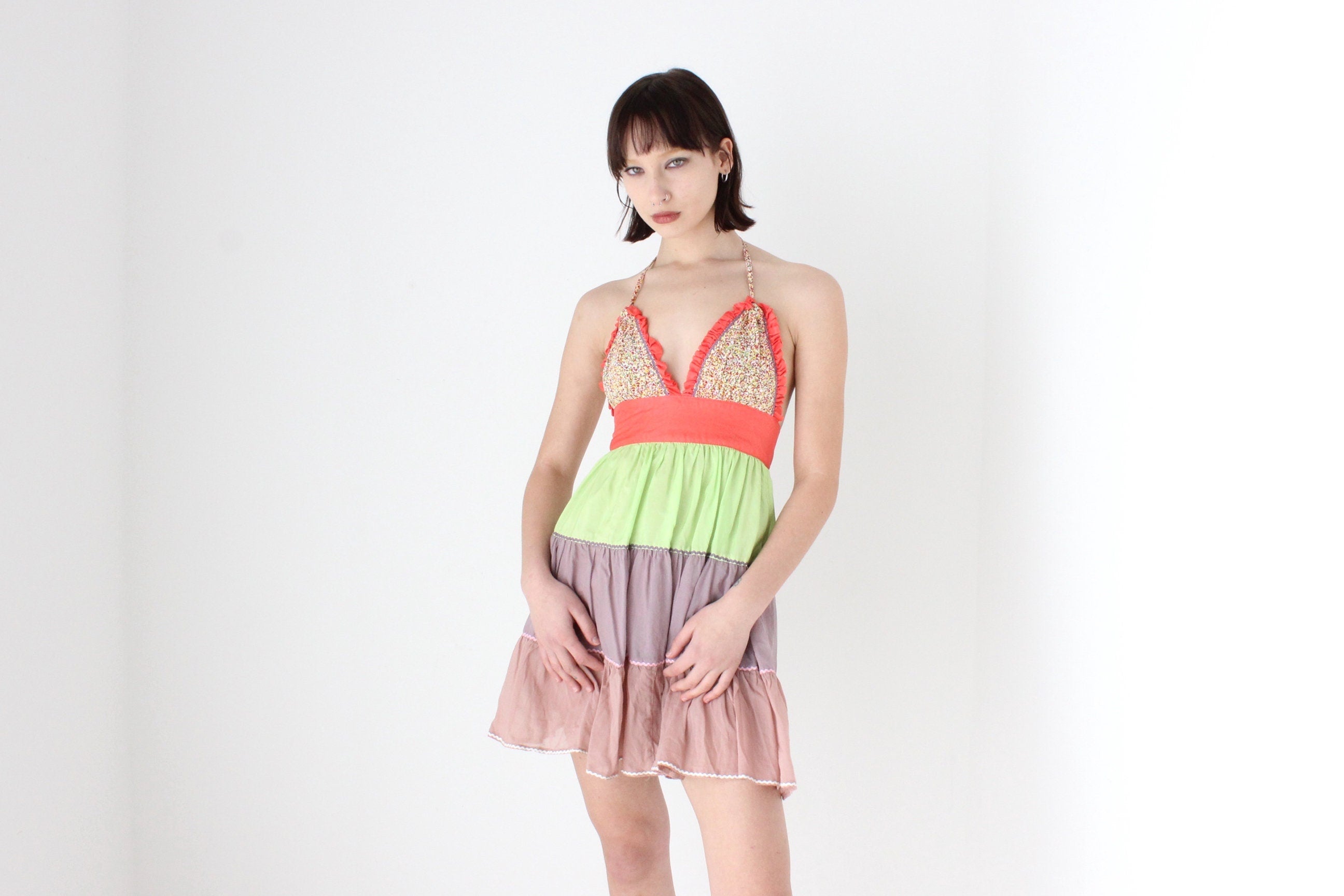 Y2K 'Pani' Silk & Cotton Tiered Ruffle Halter Mini