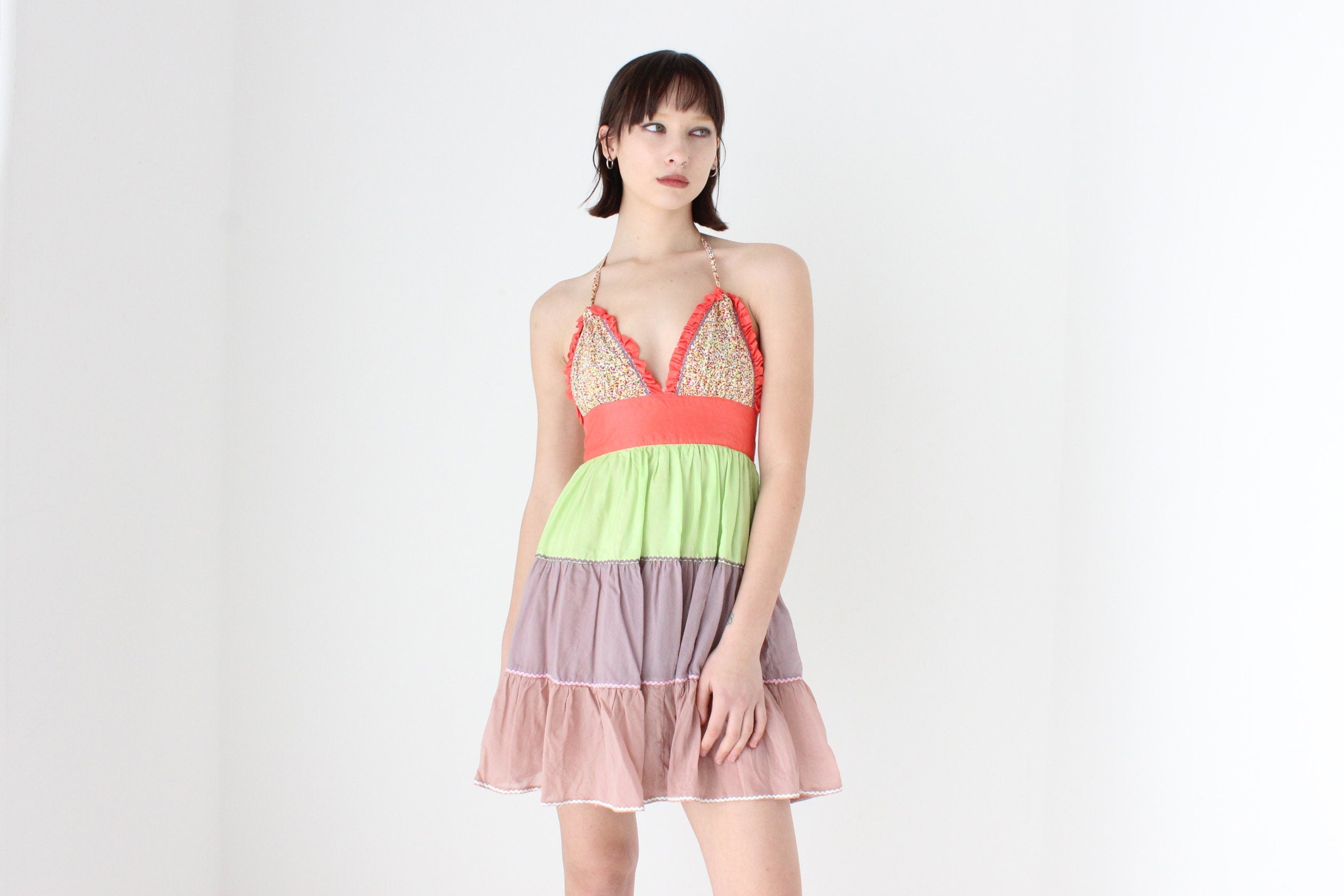 Y2K 'Pani' Silk & Cotton Tiered Ruffle Halter Mini