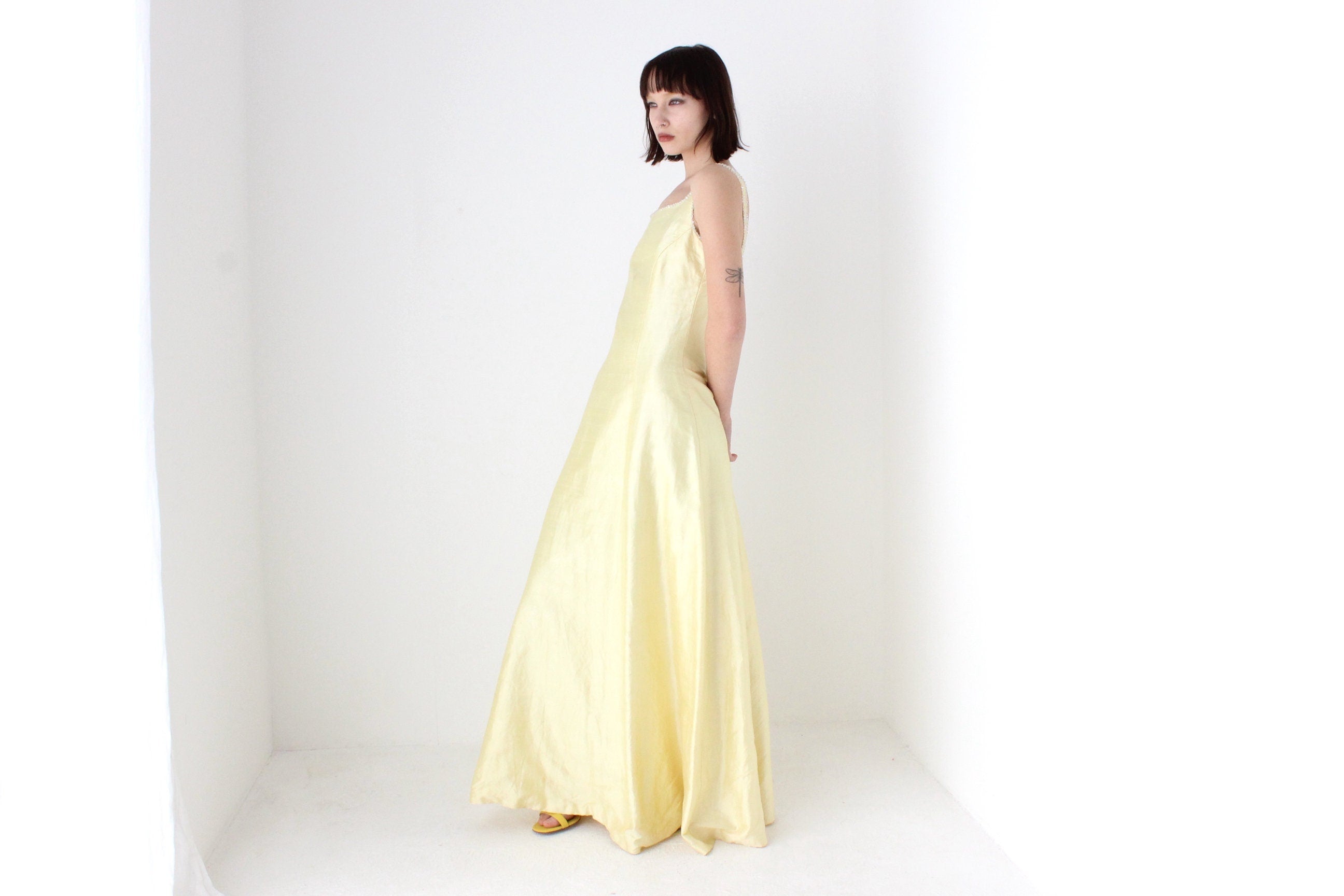 80s Shantung Silk Pastel Lemon Evening Gown