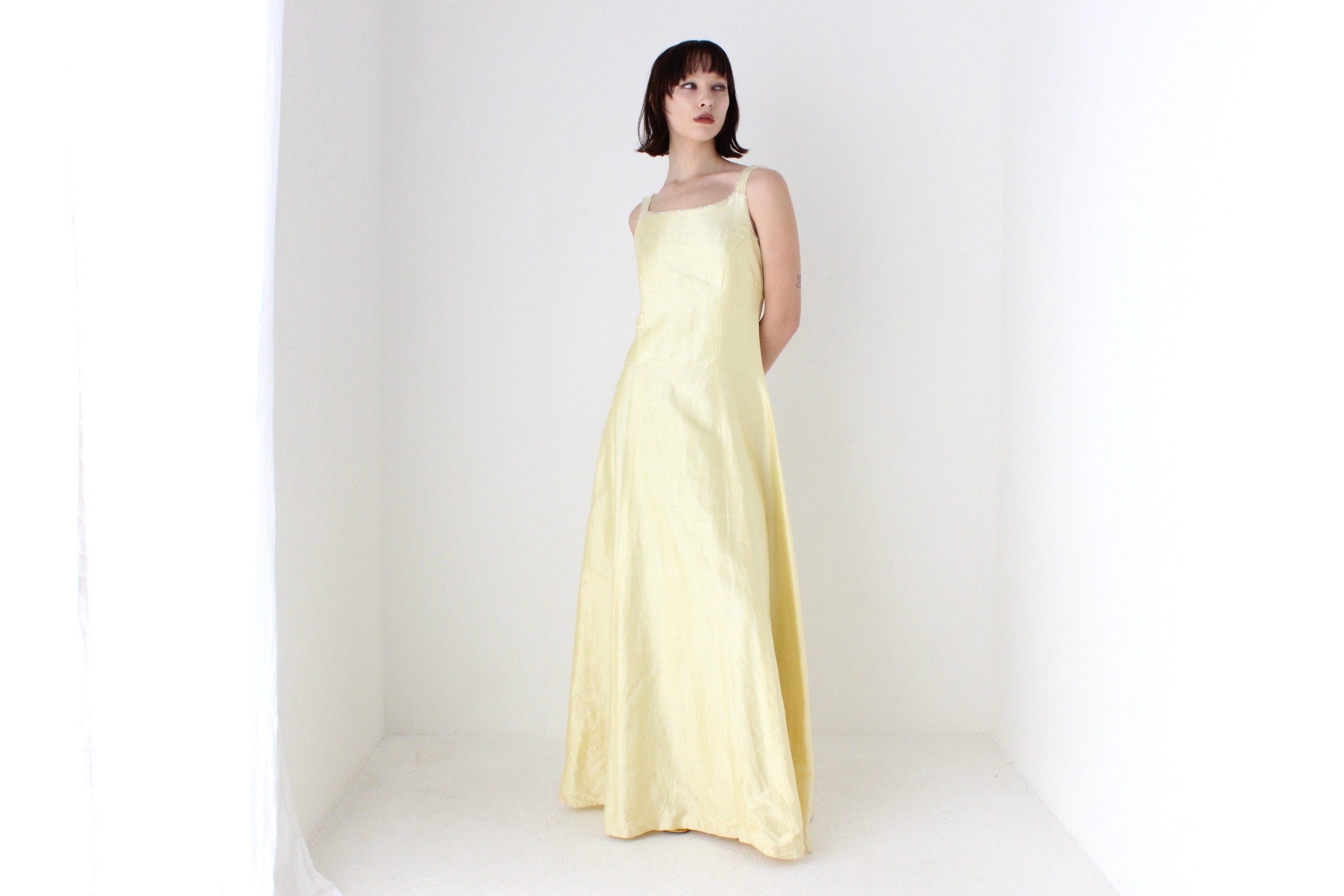 80s Shantung Silk Pastel Lemon Evening Gown