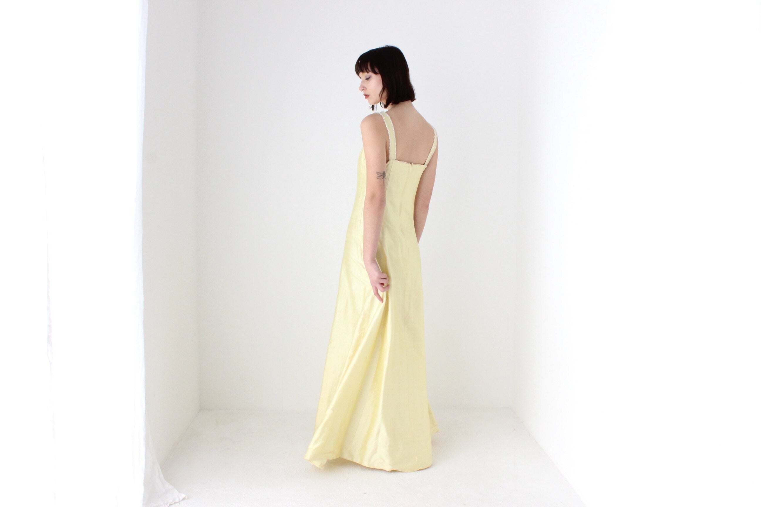 80s Shantung Silk Pastel Lemon Evening Gown