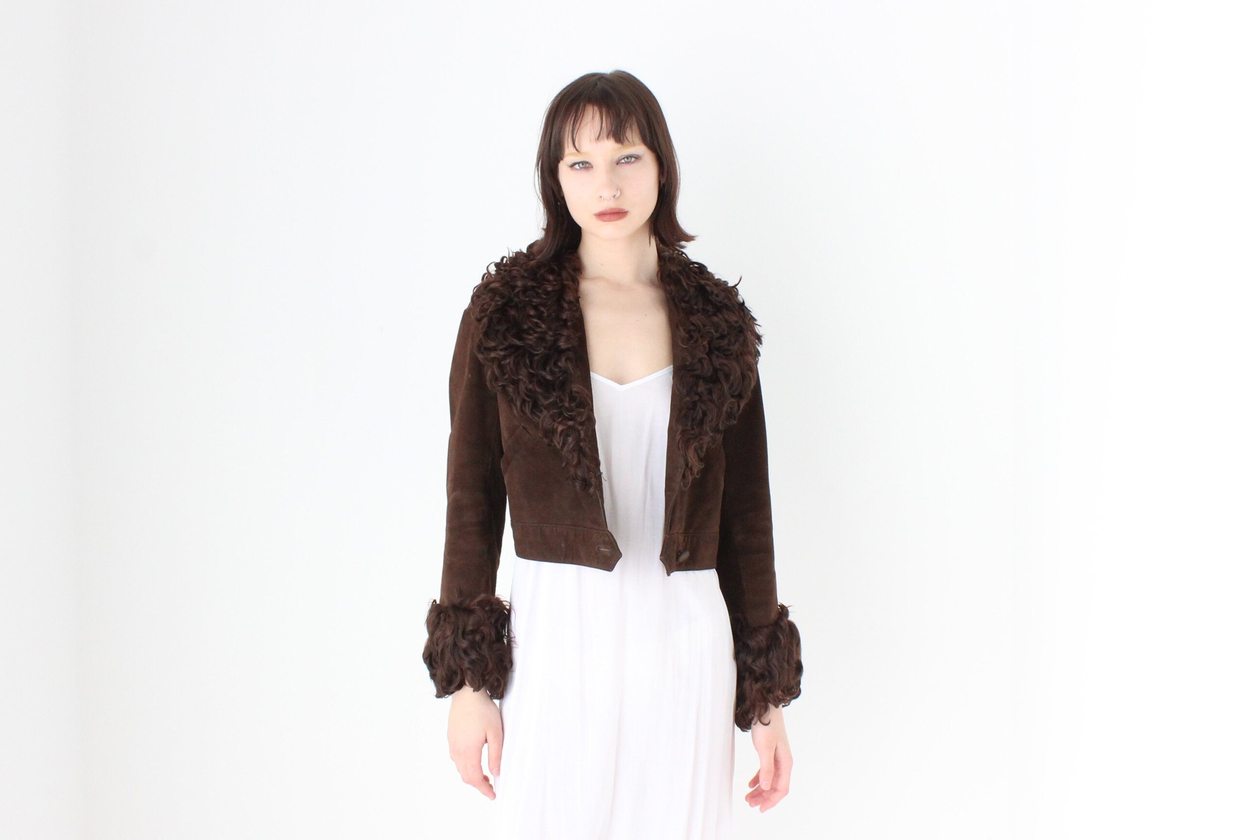70s {Suede & Afghan Goat Fur} Chocolate Brown Cropped Jacket