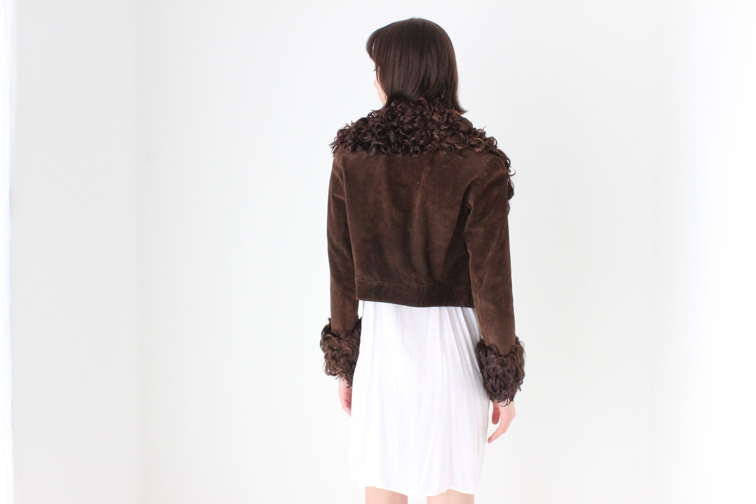 70s {Suede & Afghan Goat Fur} Chocolate Brown Cropped Jacket
