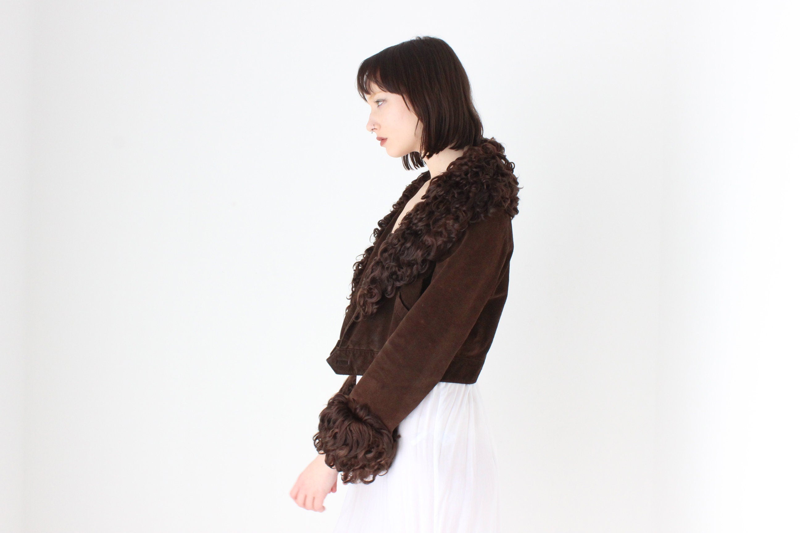 70s {Suede & Afghan Goat Fur} Chocolate Brown Cropped Jacket