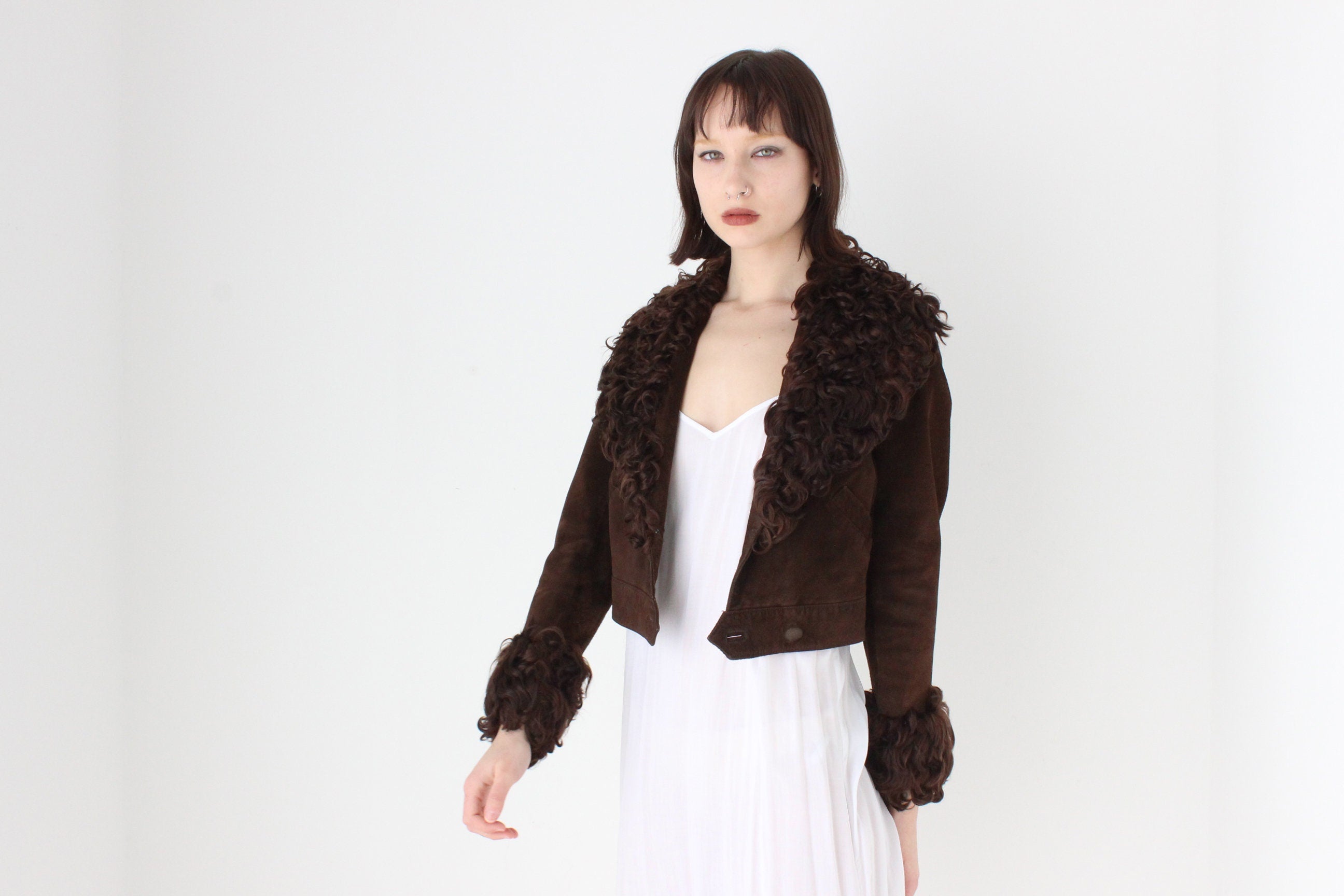 70s {Suede & Afghan Goat Fur} Chocolate Brown Cropped Jacket